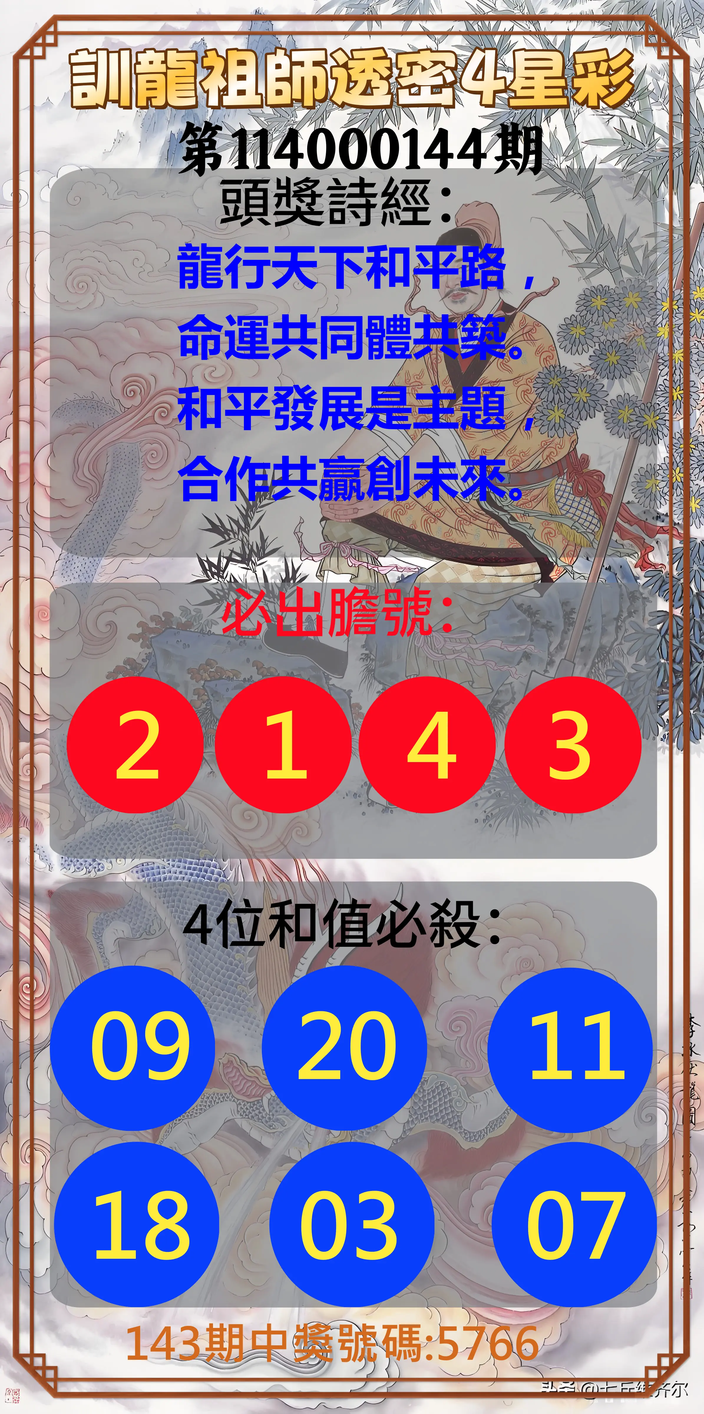 4星彩第114000144期訓龍祖師透密4星彩