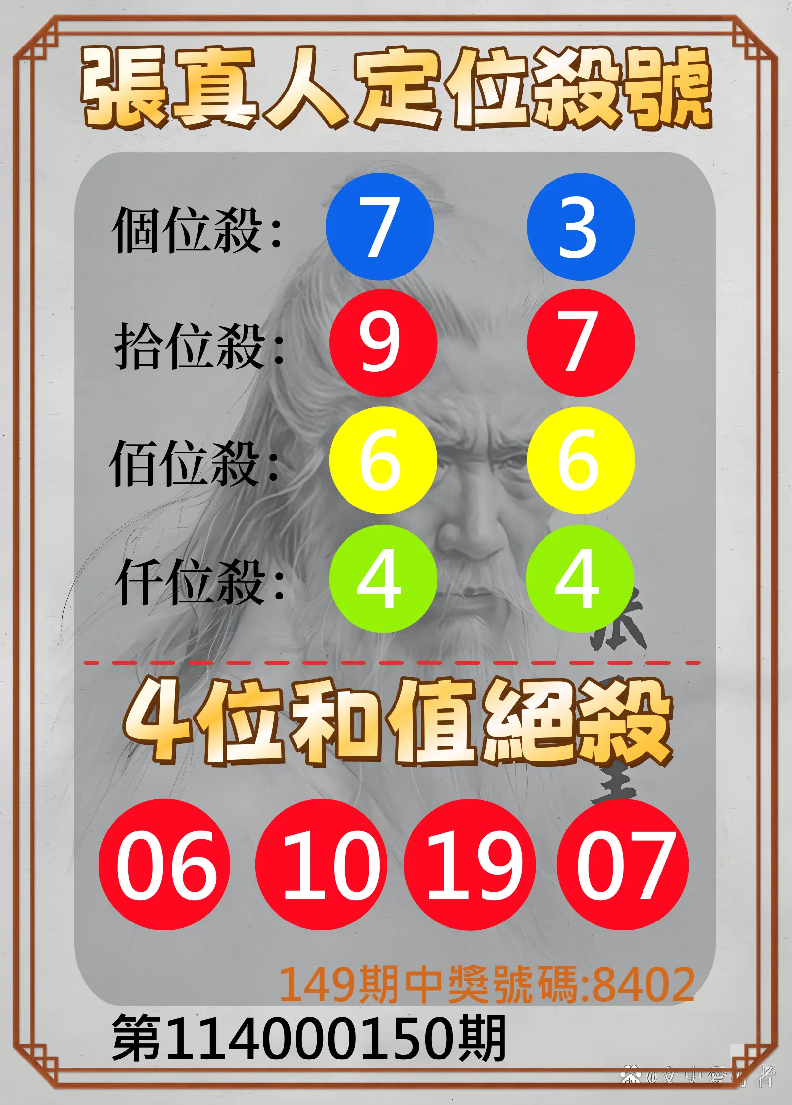 4星彩第114000150期張真人定位殺號