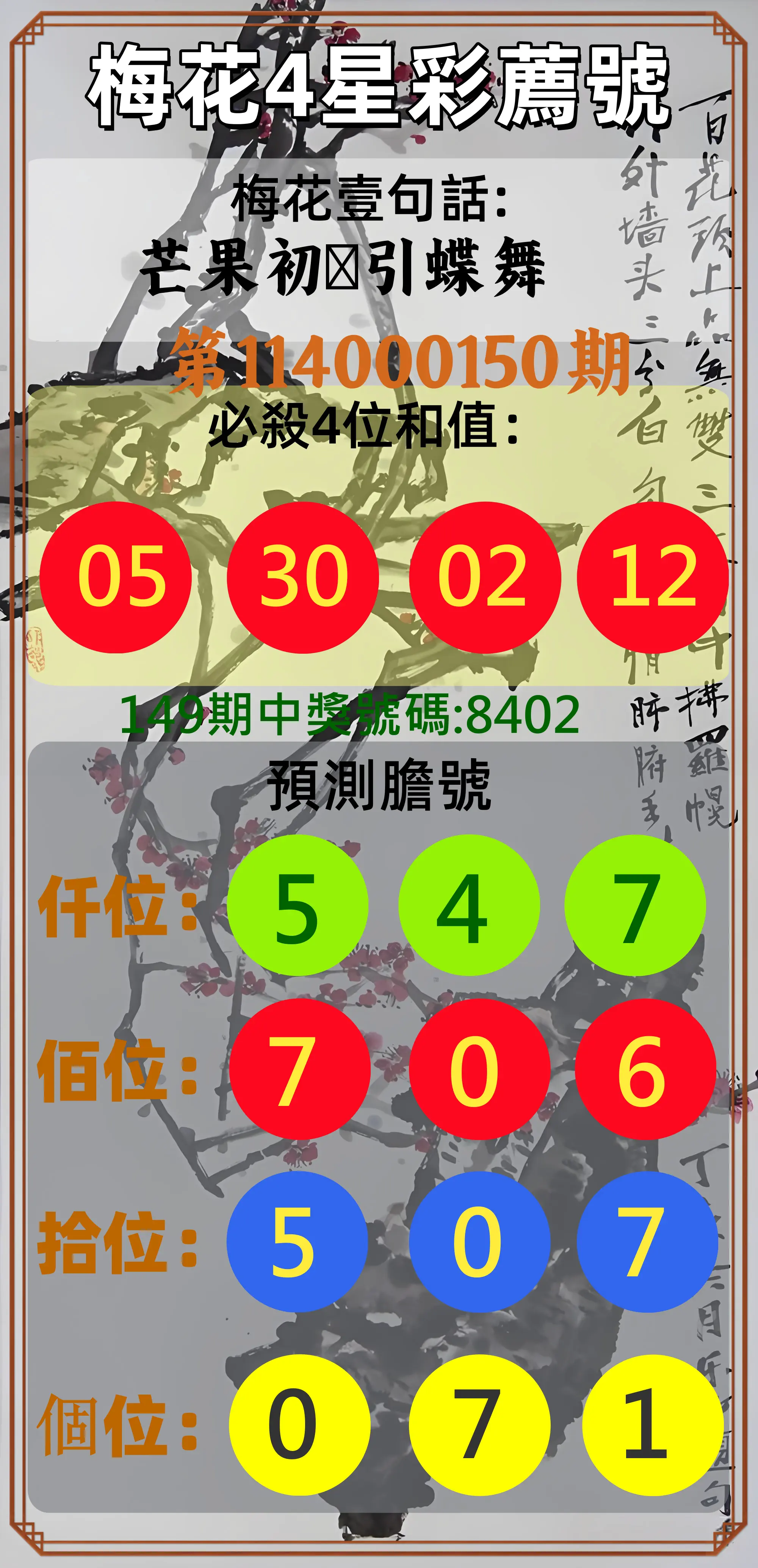 4星彩第114000150期梅花4星彩薦號