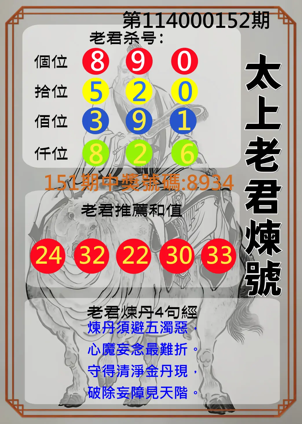 4星彩第114000152期太上老君煉號