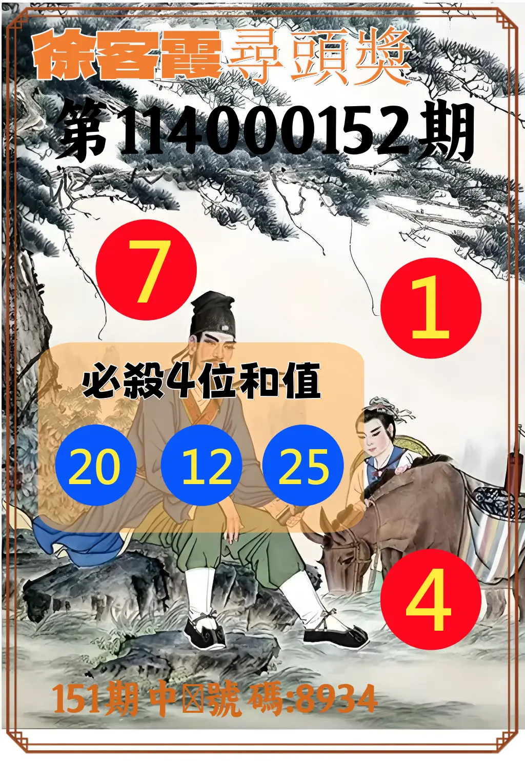 4星彩第114000152期徐客霞尋頭獎