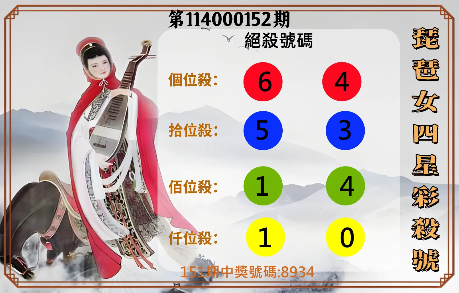 4星彩第114000152期琵琶女四星彩殺號