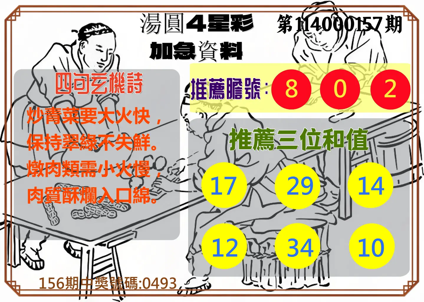 4星彩第114000157期湯圓4星彩加急資料