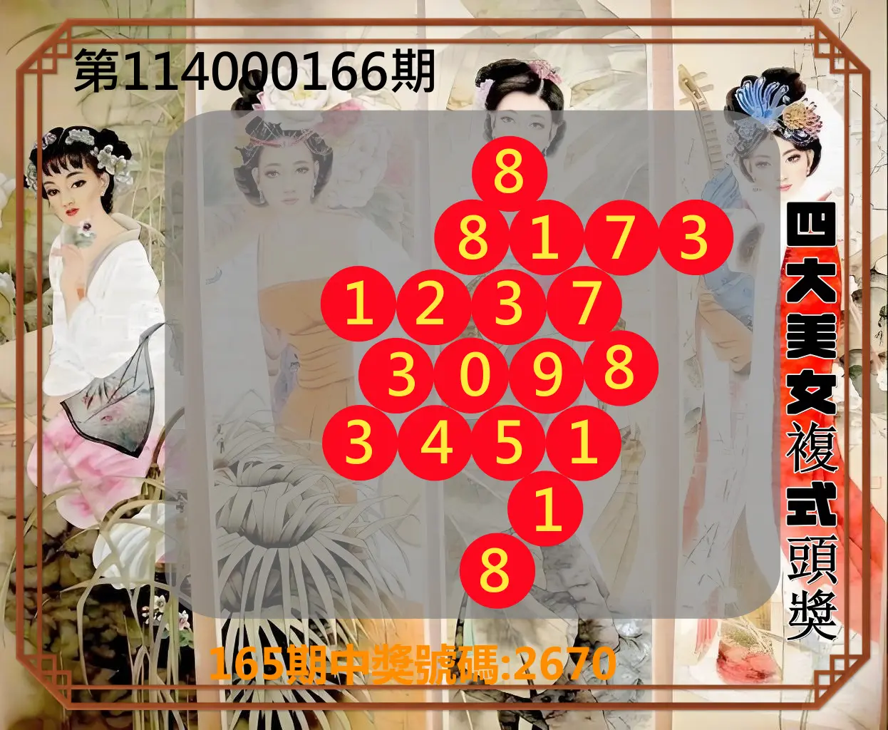 4星彩第114000166期(07/09)四大美女複式頭獎