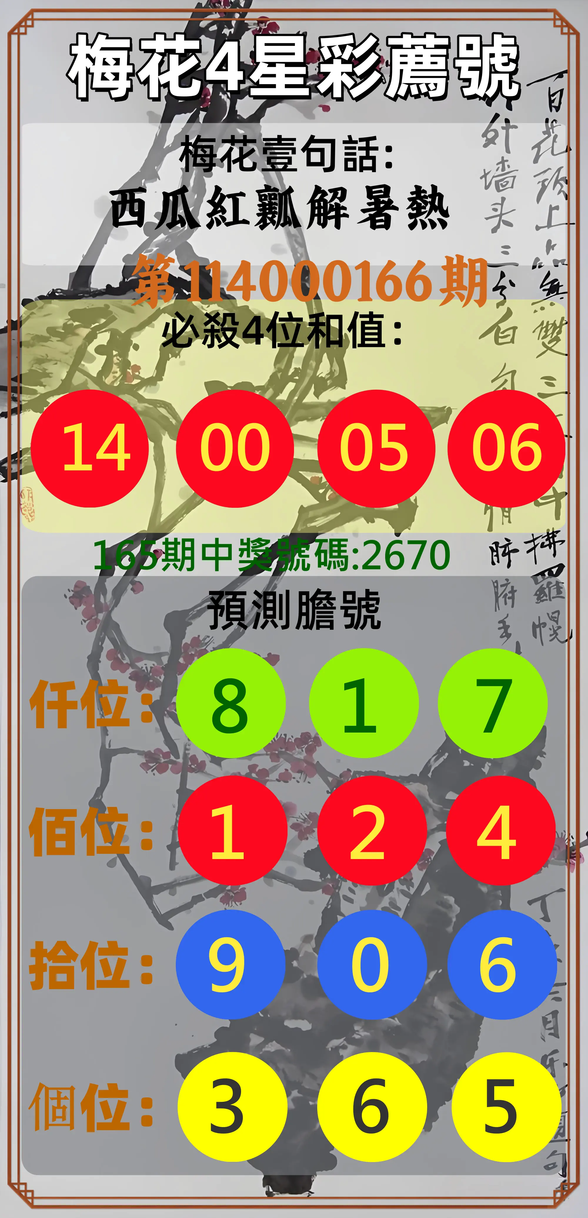 4星彩第114000166期(07/09)梅花4星彩薦號