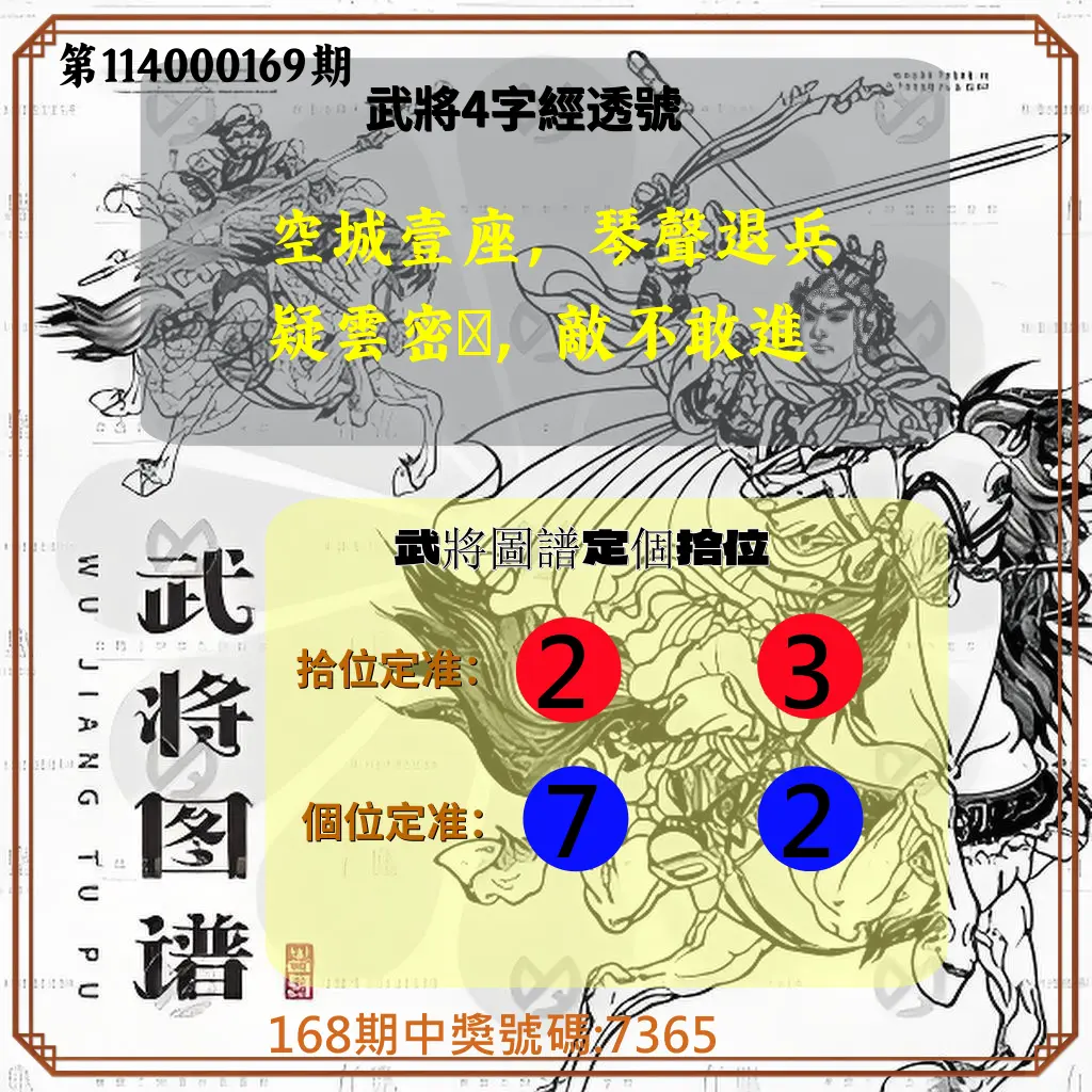 4星彩第114000169期(07/12)武將圖譜