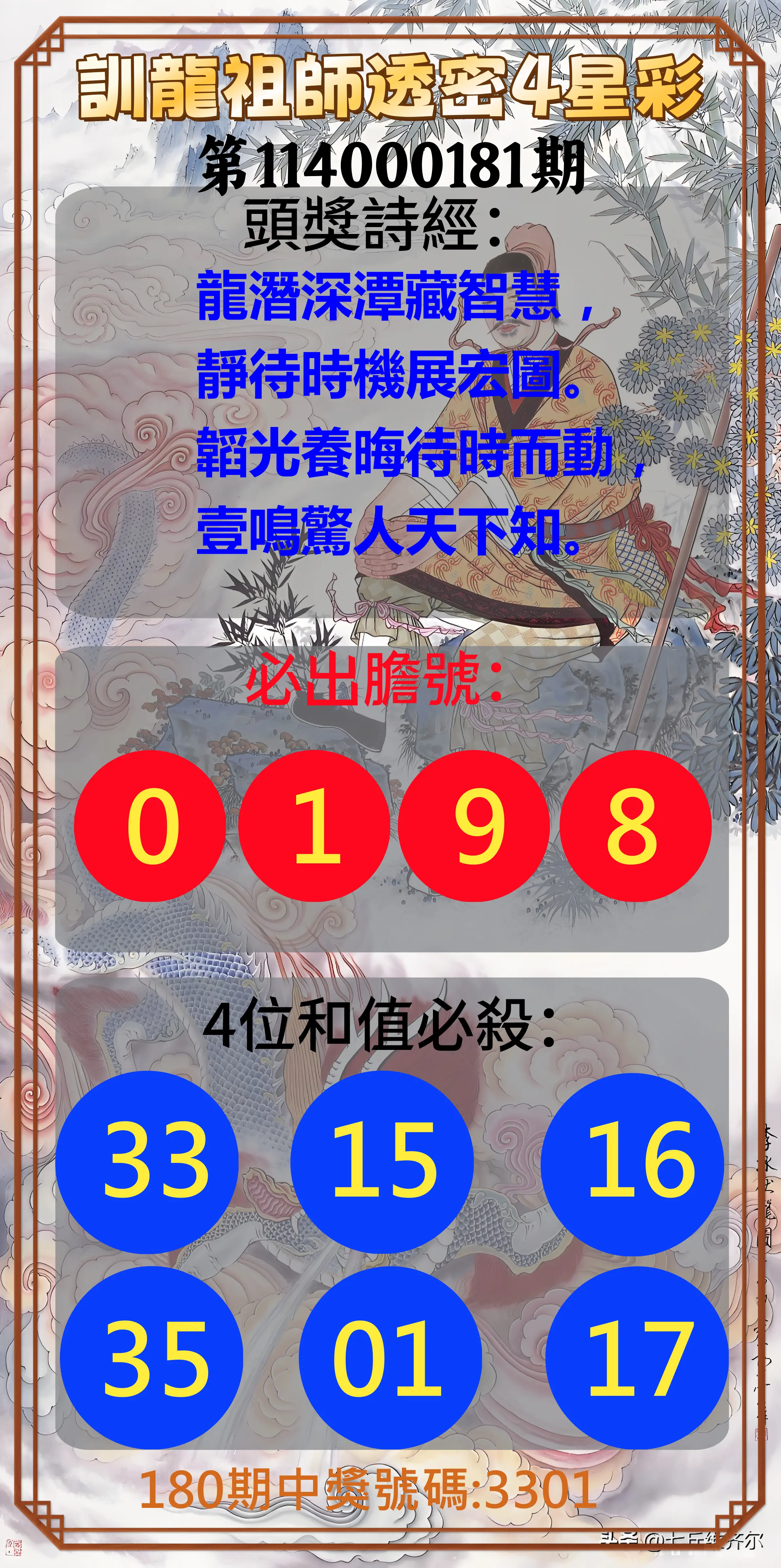 4星彩第114000181期(07/26)訓龍祖師透密4星彩