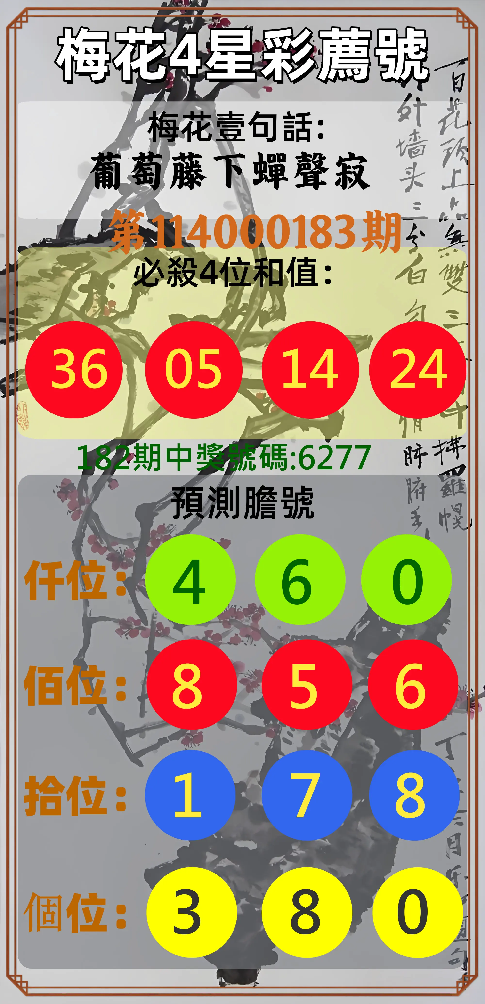 4星彩第114000183期(07/29)梅花4星彩薦號