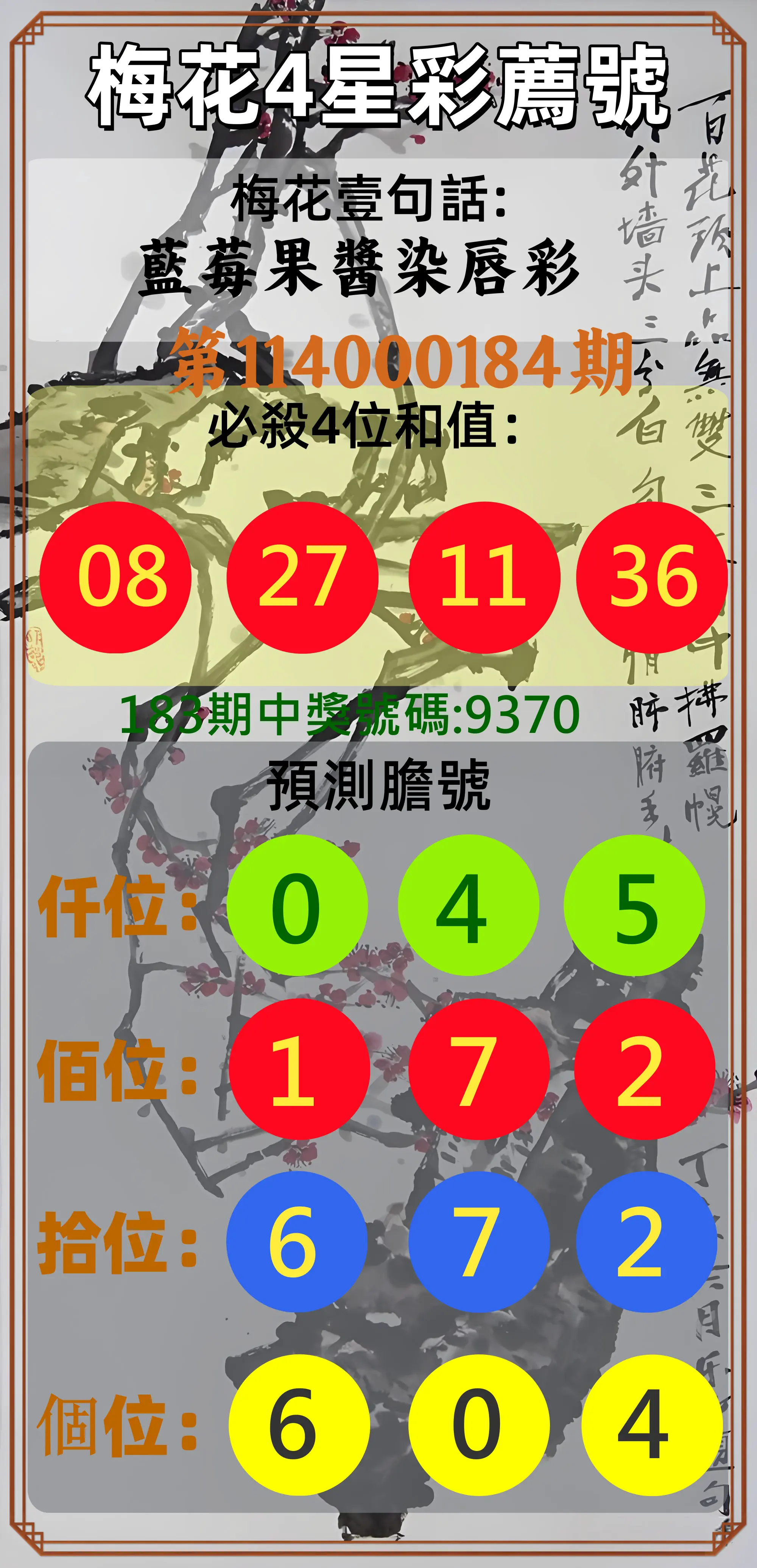 4星彩第114000184期(07/30)梅花4星彩薦號