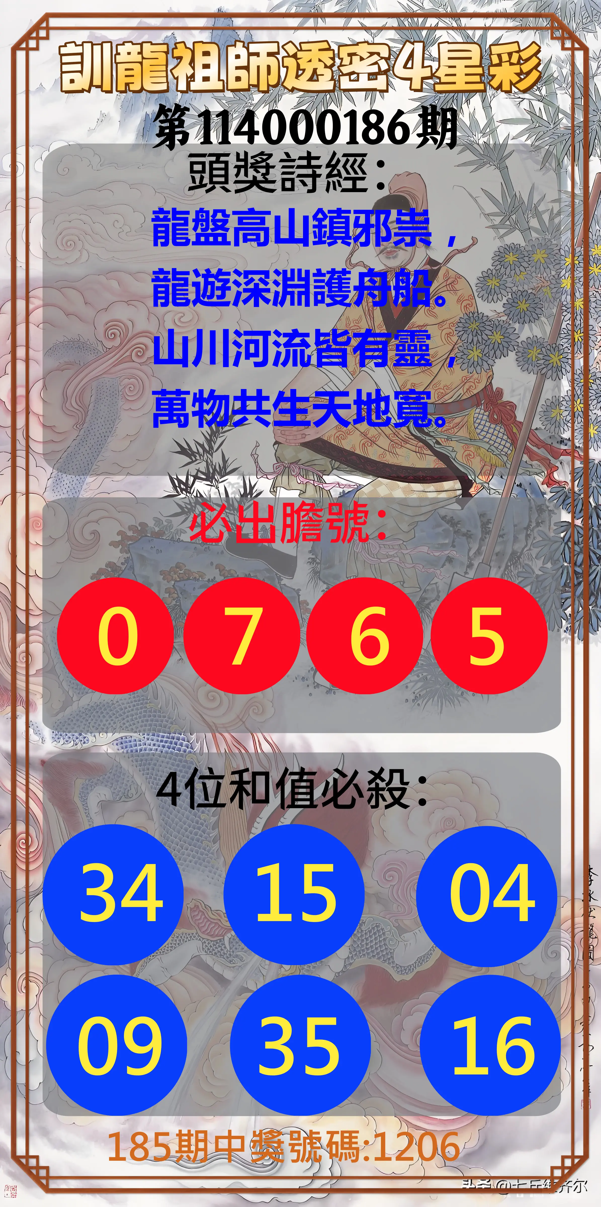 4星彩第114000186期(08/01)訓龍祖師透密4星彩