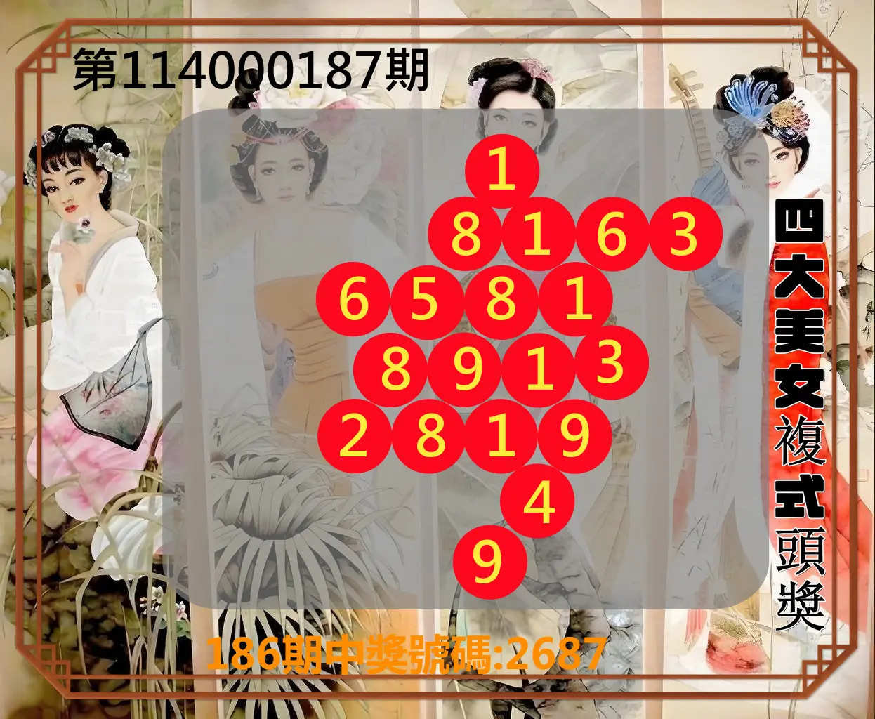4星彩第114000187期(08/02)四大美女複式頭獎
