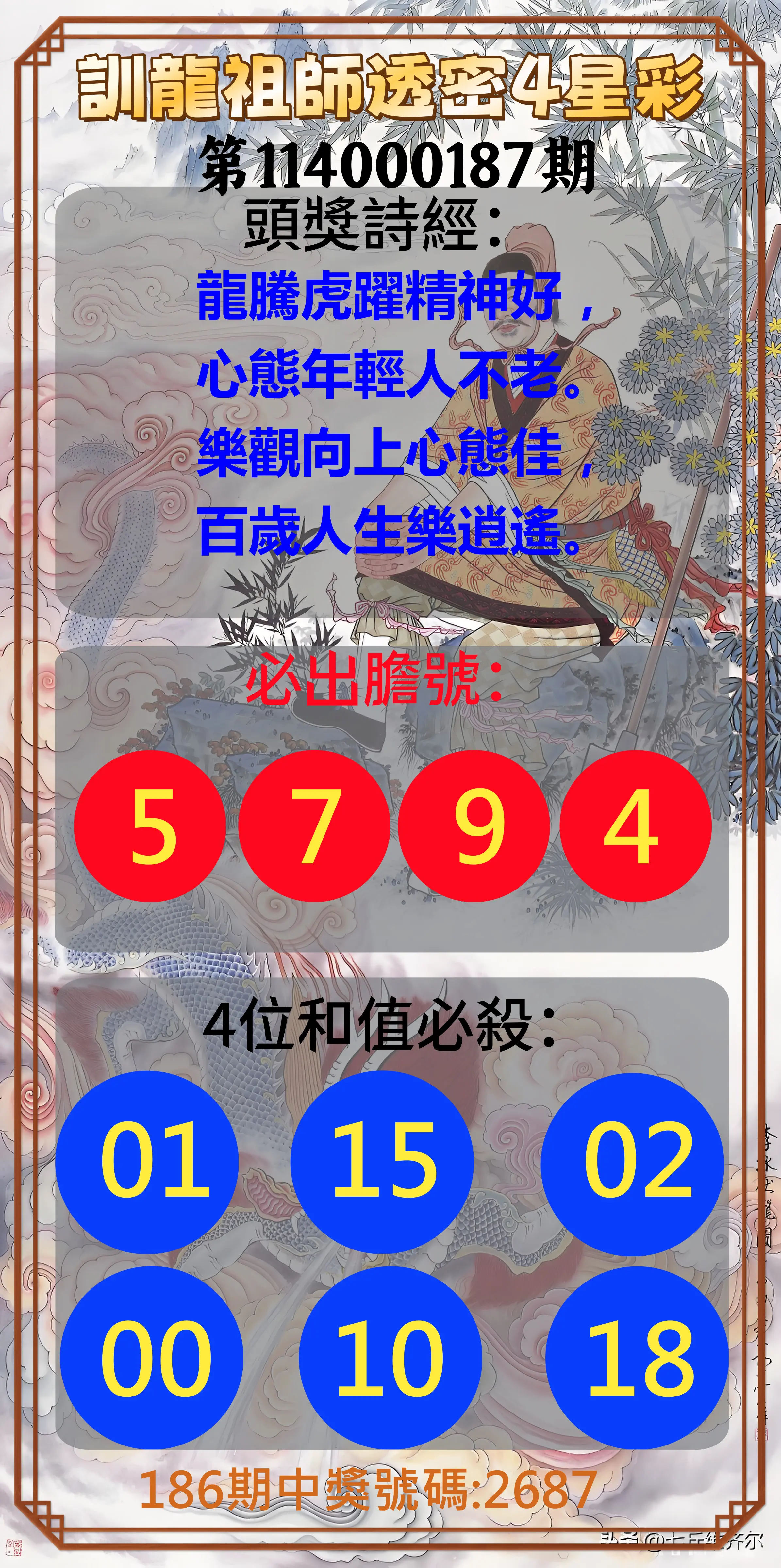 4星彩第114000187期(08/02)訓龍祖師透密4星彩
