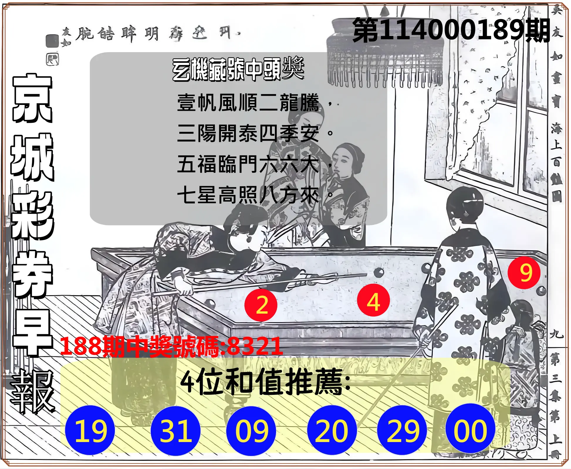 4星彩第114000189期(08/05)京城彩券早報