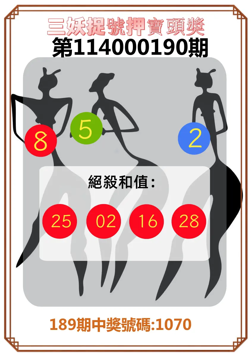 4星彩第114000190期(08/06)三妖捉號押寶頭獎