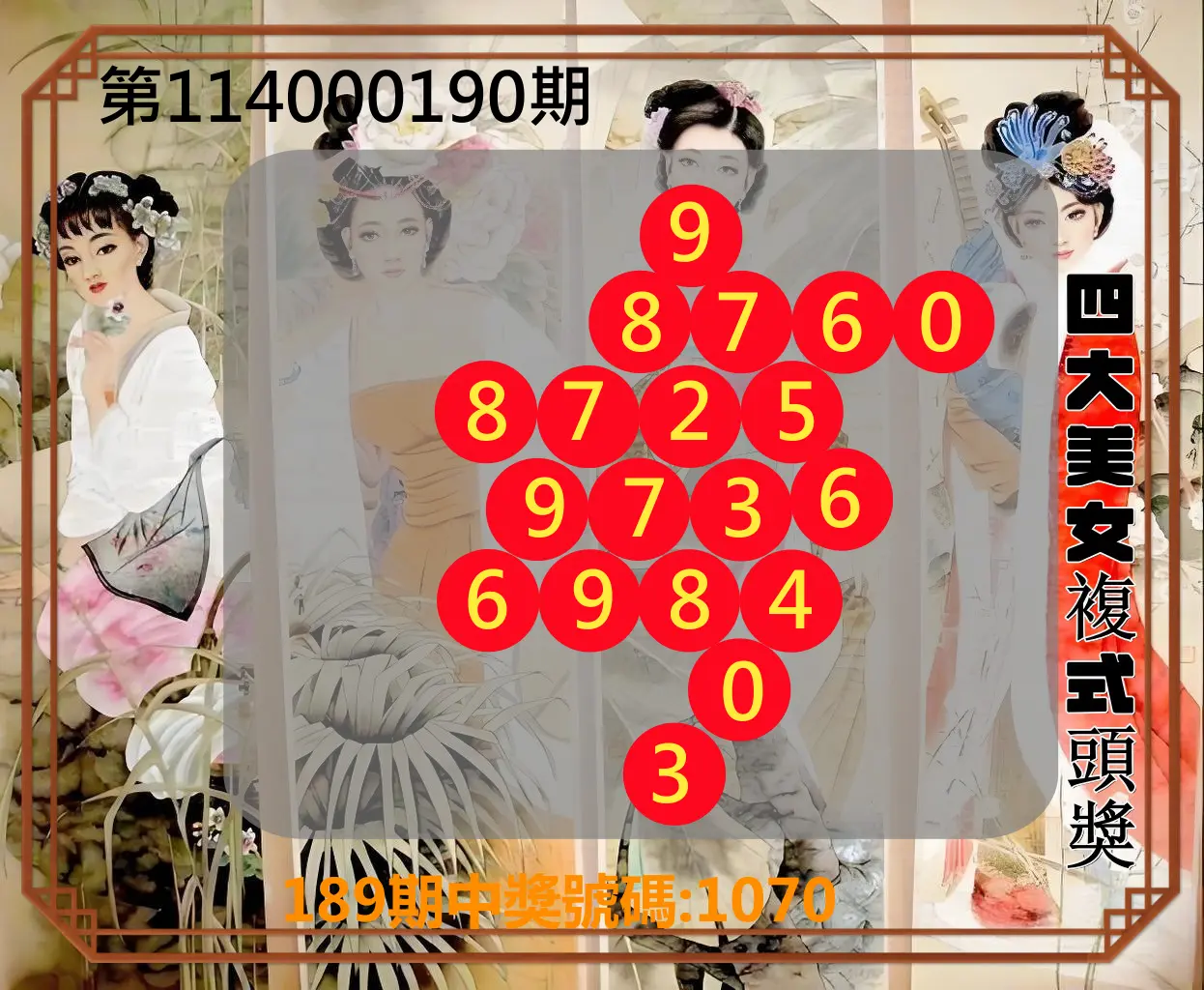 4星彩第114000190期(08/06)四大美女複式頭獎