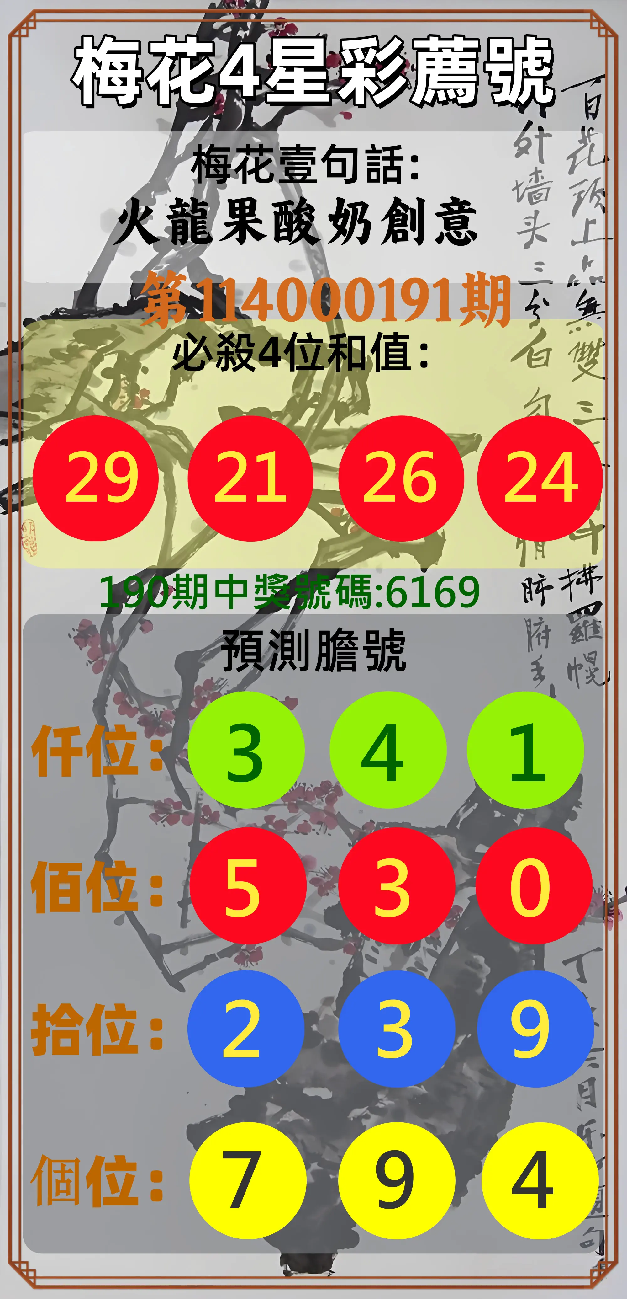 4星彩第114000191期(08/07)梅花4星彩薦號