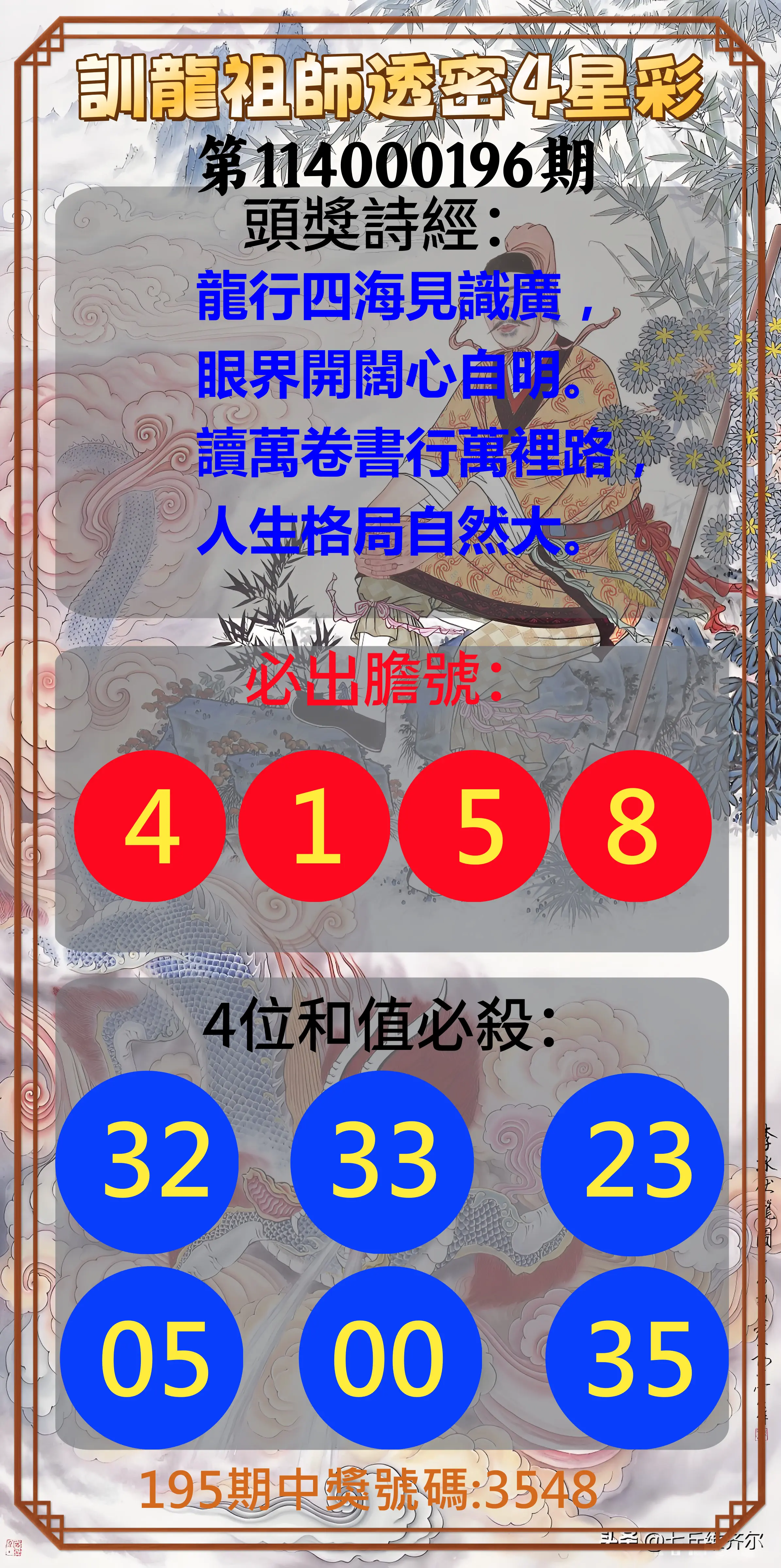 4星彩第114000196期(08/13)訓龍祖師透密4星彩