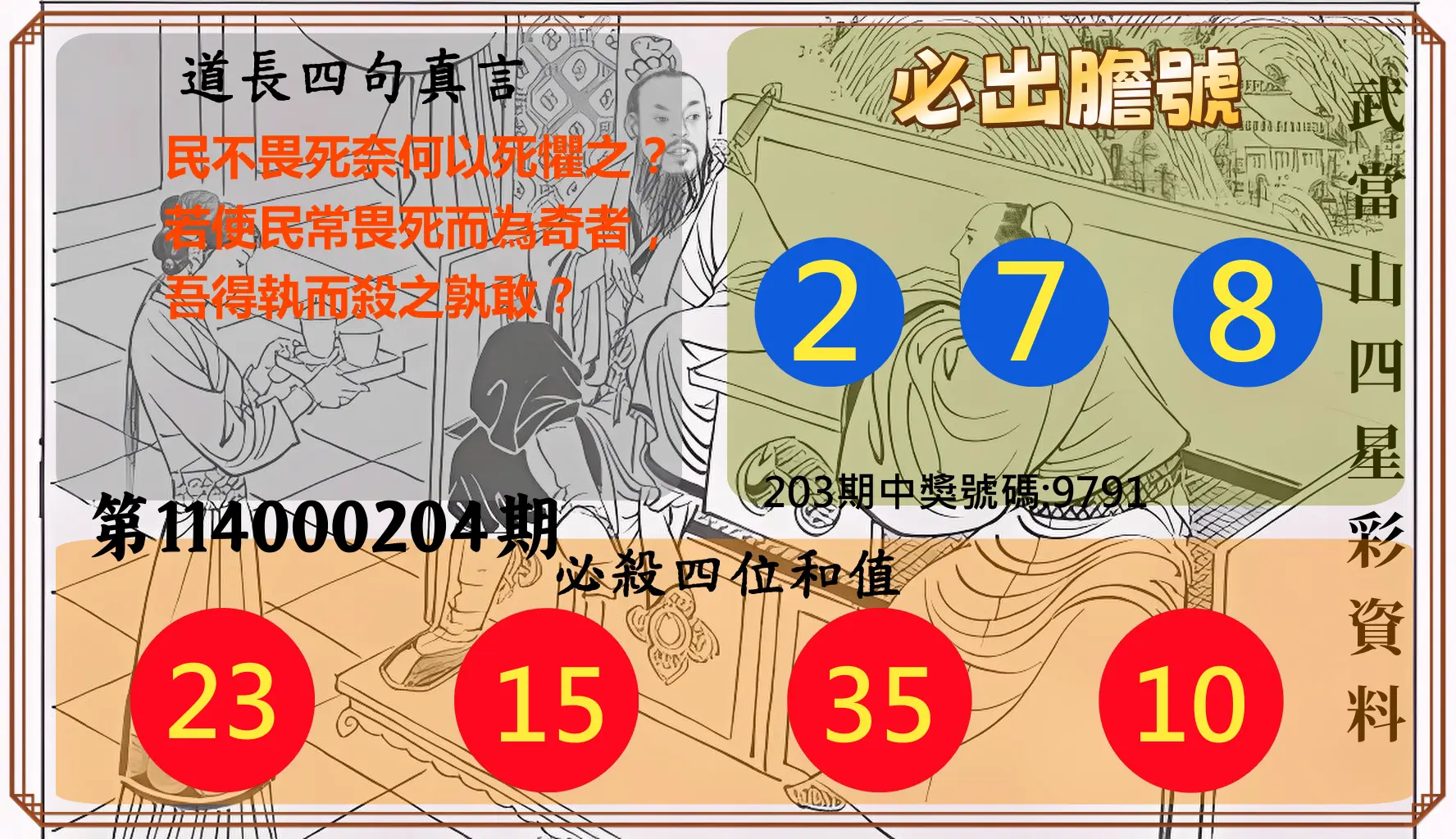 4星彩第114000204期(08/22)武當山四星彩資料