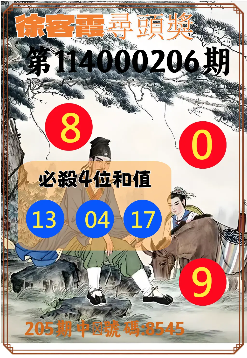 4星彩第114000206期(08/25)徐客霞尋頭獎