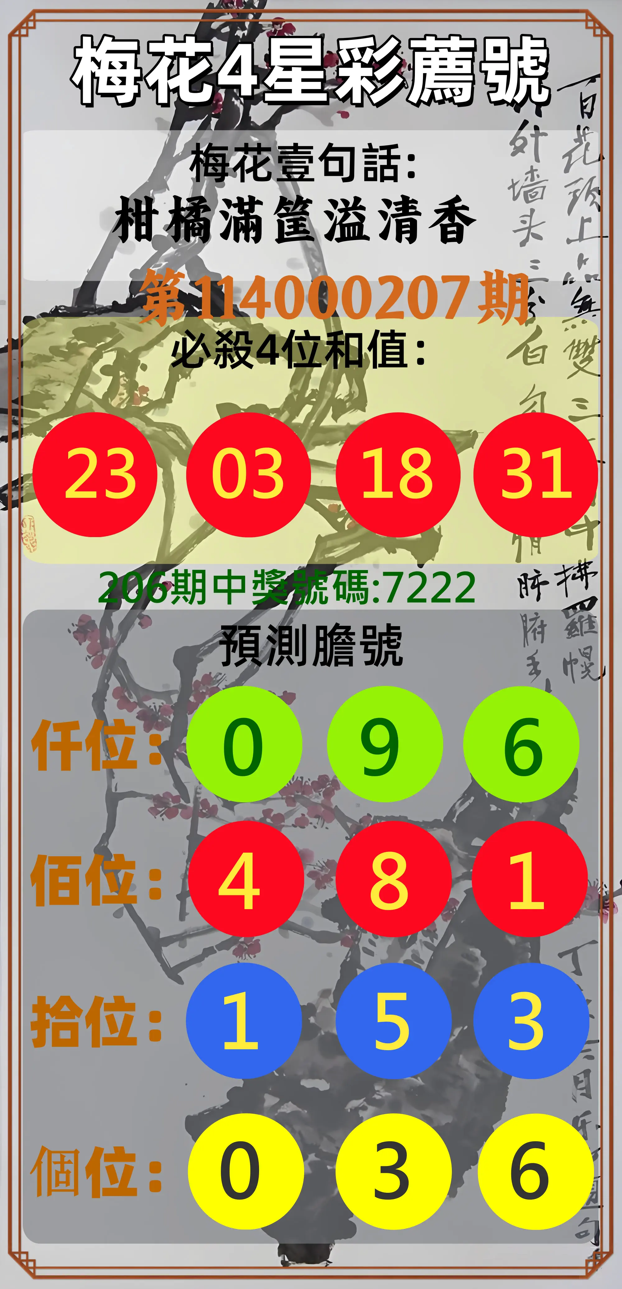 4星彩第114000207期(08/26)梅花4星彩薦號