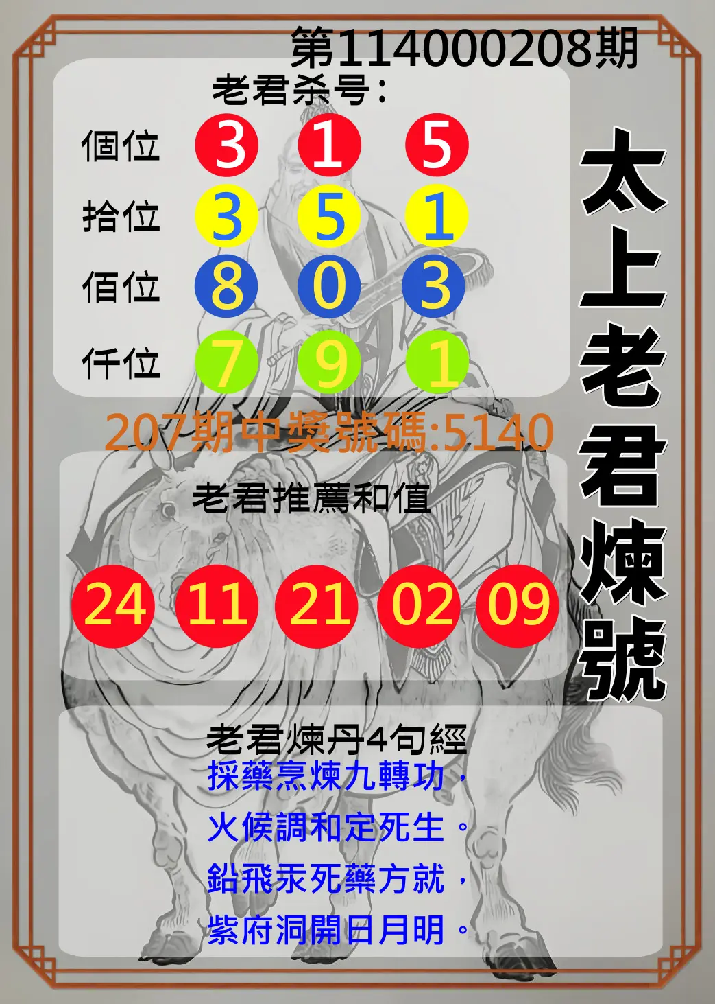 4星彩第114000208期(08/27)太上老君煉號