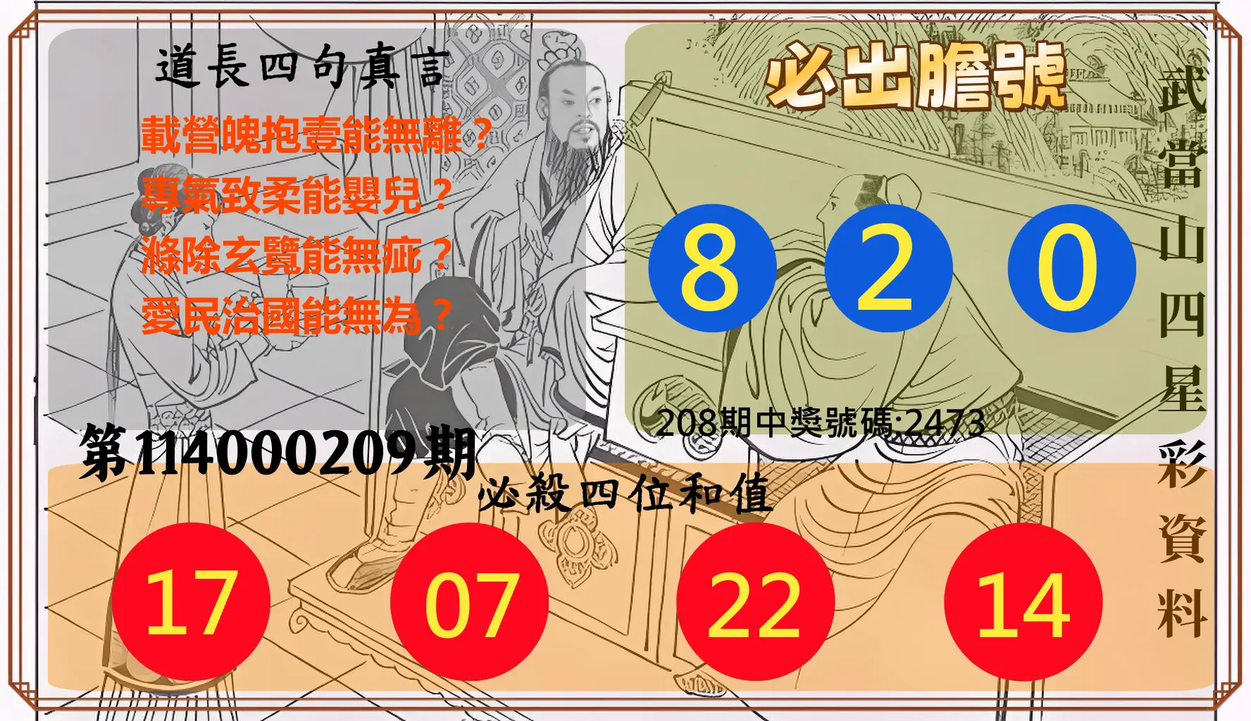 4星彩第114000209期(08/28)武當山四星彩資料