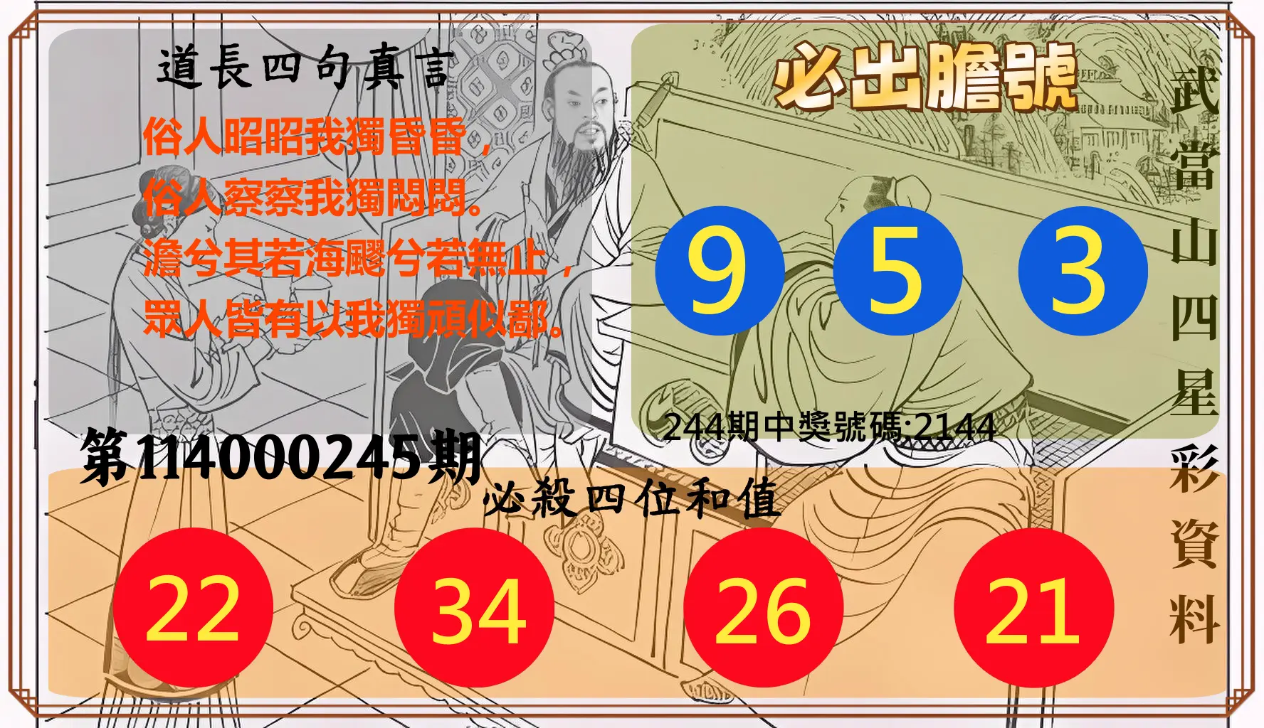 4星彩第114000245期(10/09)武當山四星彩資料