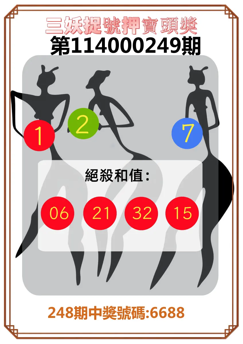 4星彩第114000249期(10/14)三妖捉號押寶頭獎