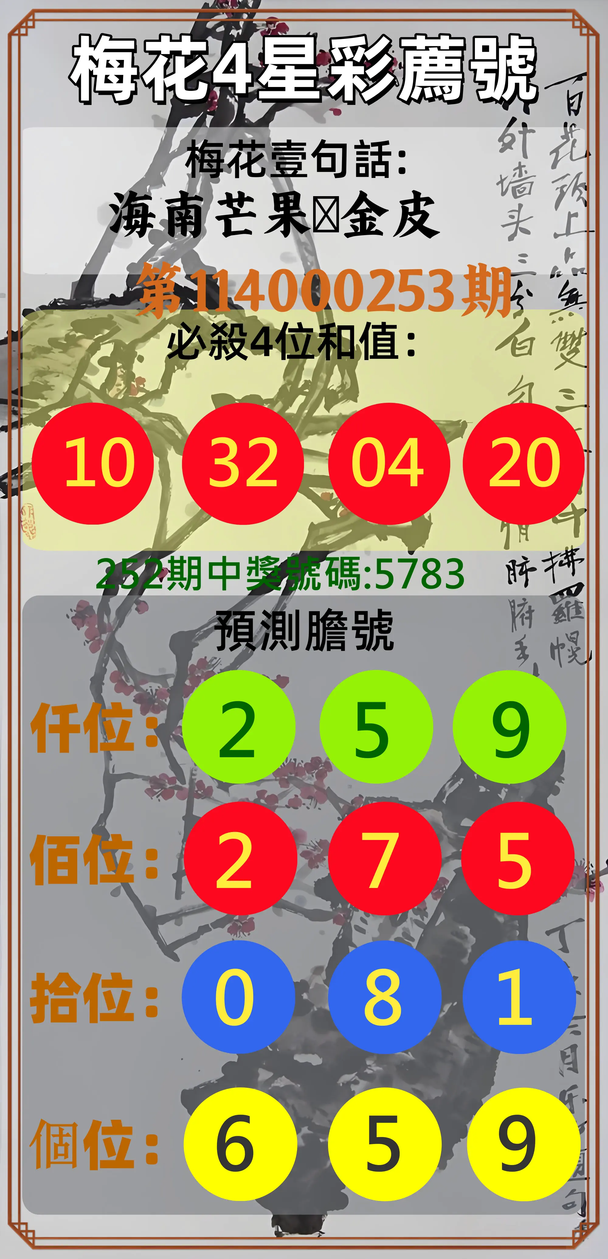 4星彩第114000253期(10/18)梅花4星彩薦號