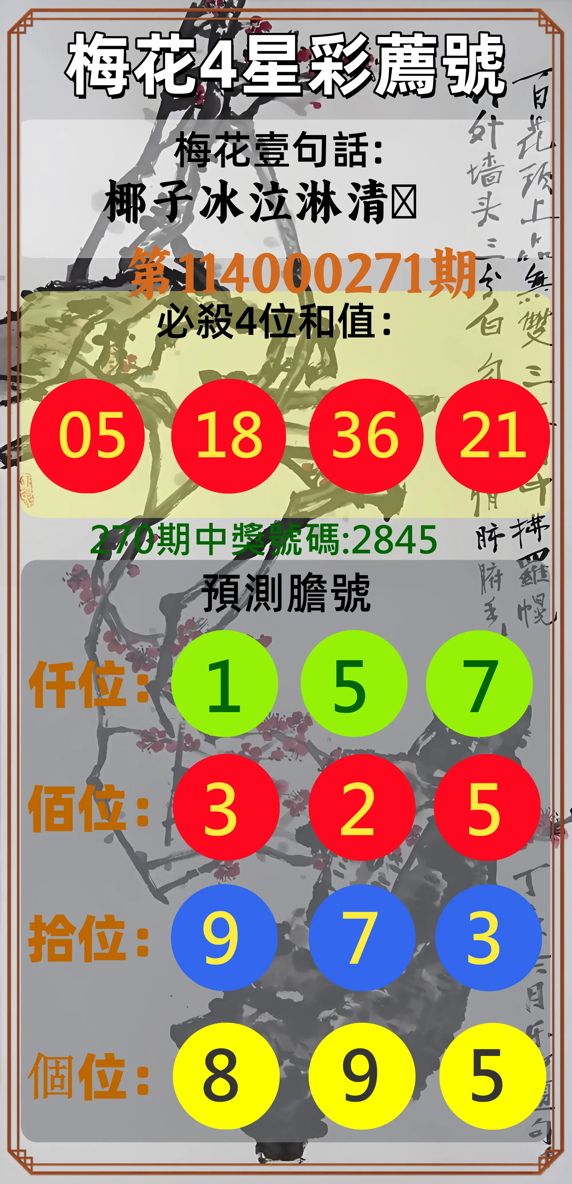 4星彩第114000271期(11/08)梅花4星彩薦號