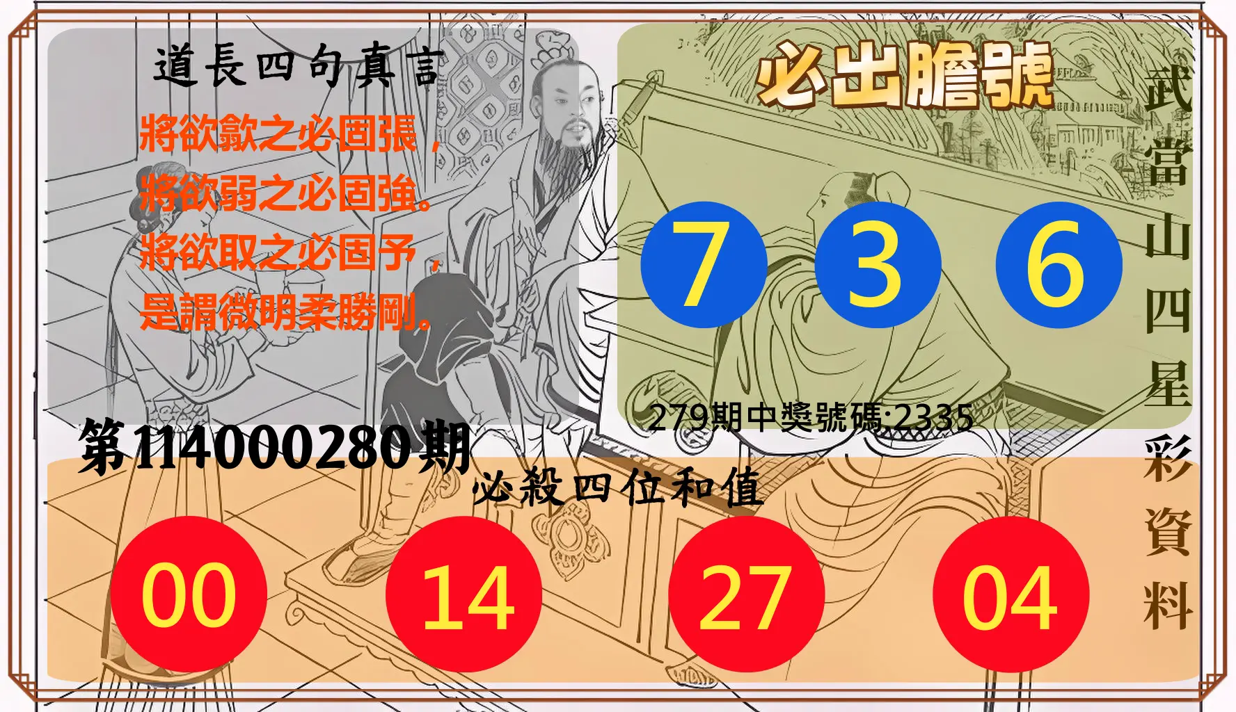 4星彩第114000280期(11/19)武當山四星彩資料