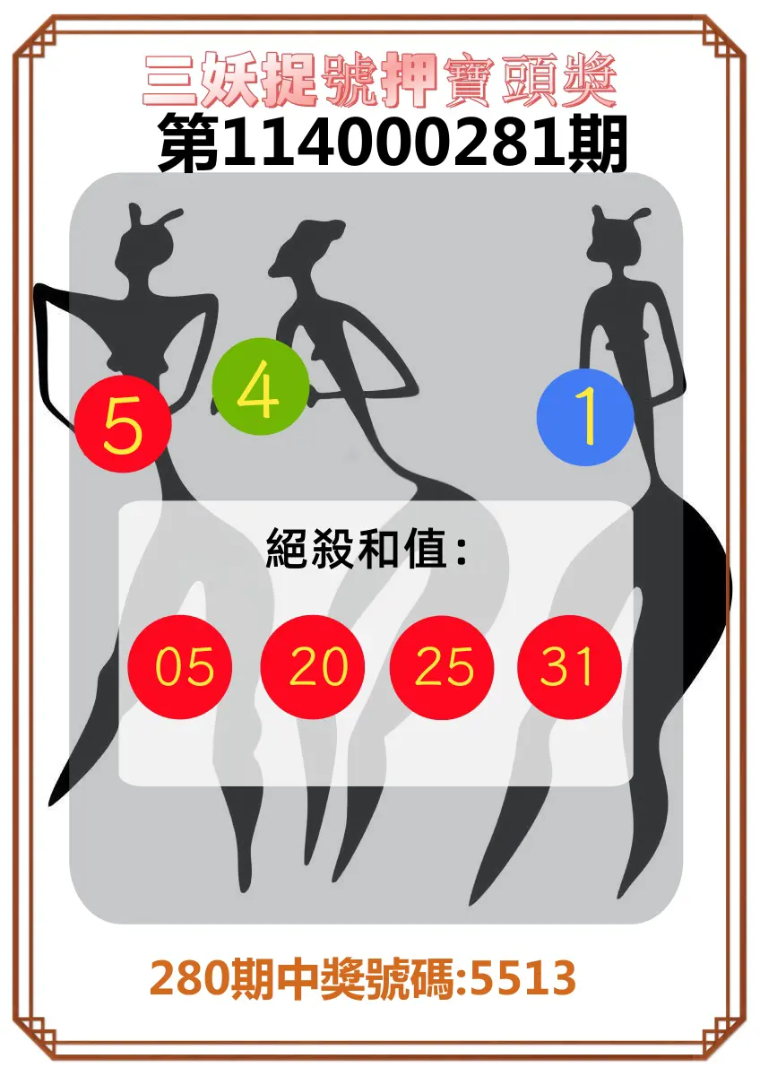 4星彩第114000281期(11/20)三妖捉號押寶頭獎