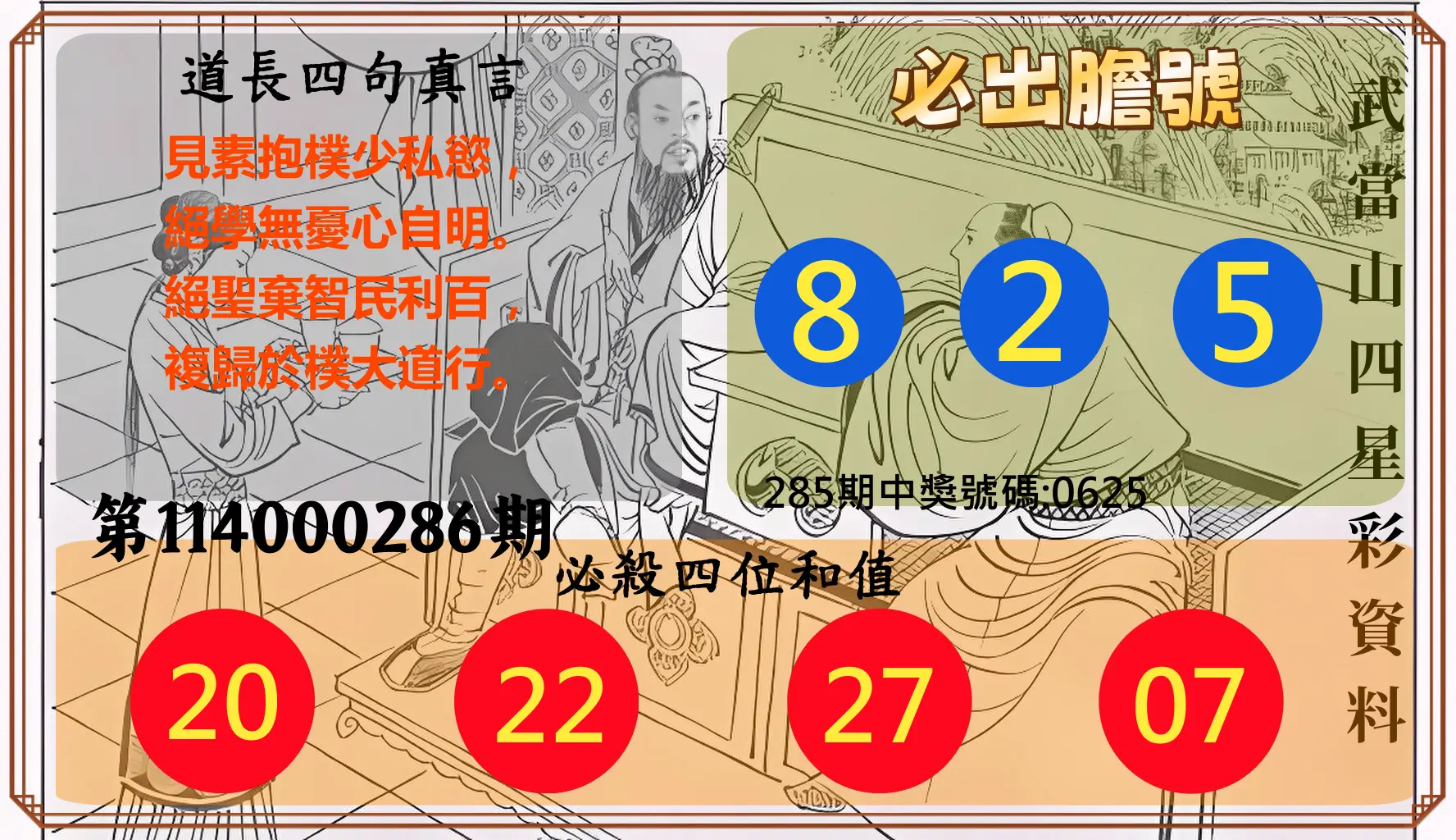 4星彩第114000286期(11/26)武當山四星彩資料