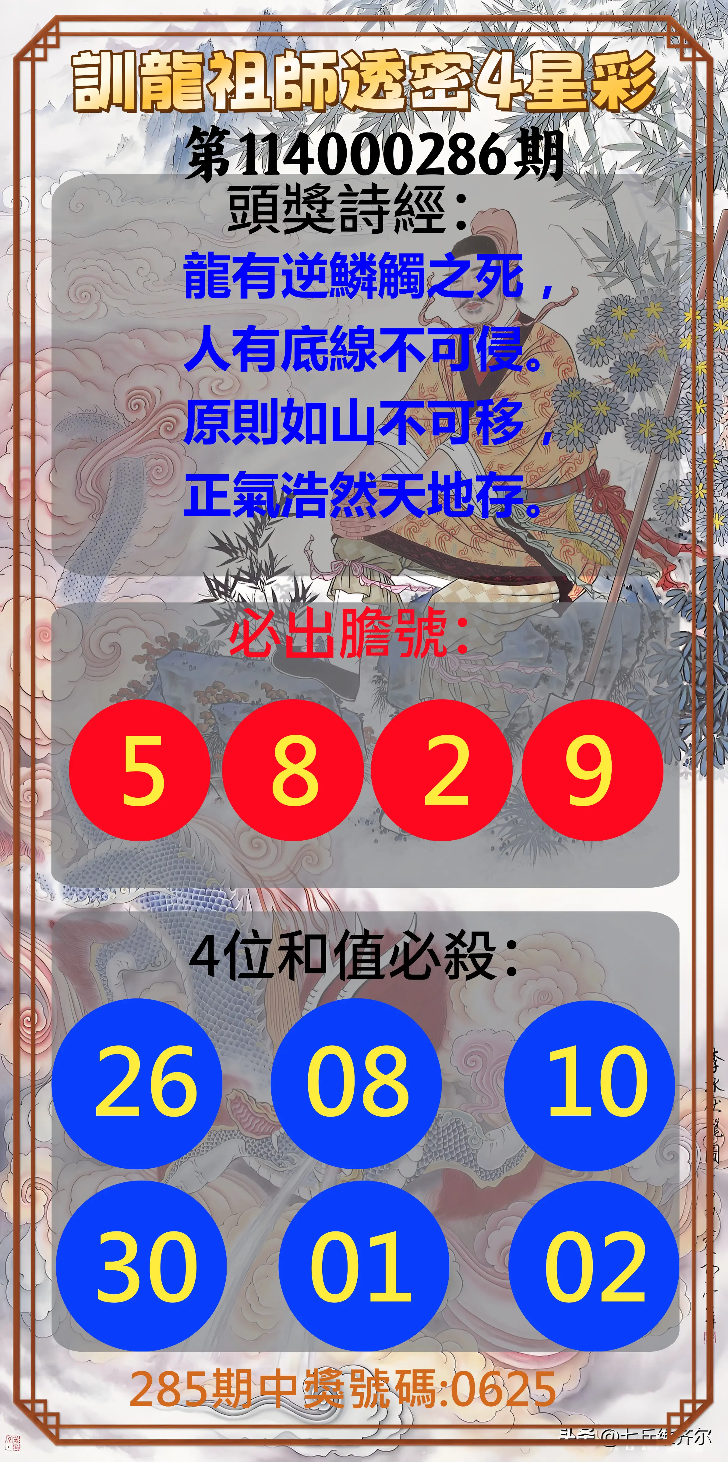 4星彩第114000286期(11/26)訓龍祖師透密4星彩