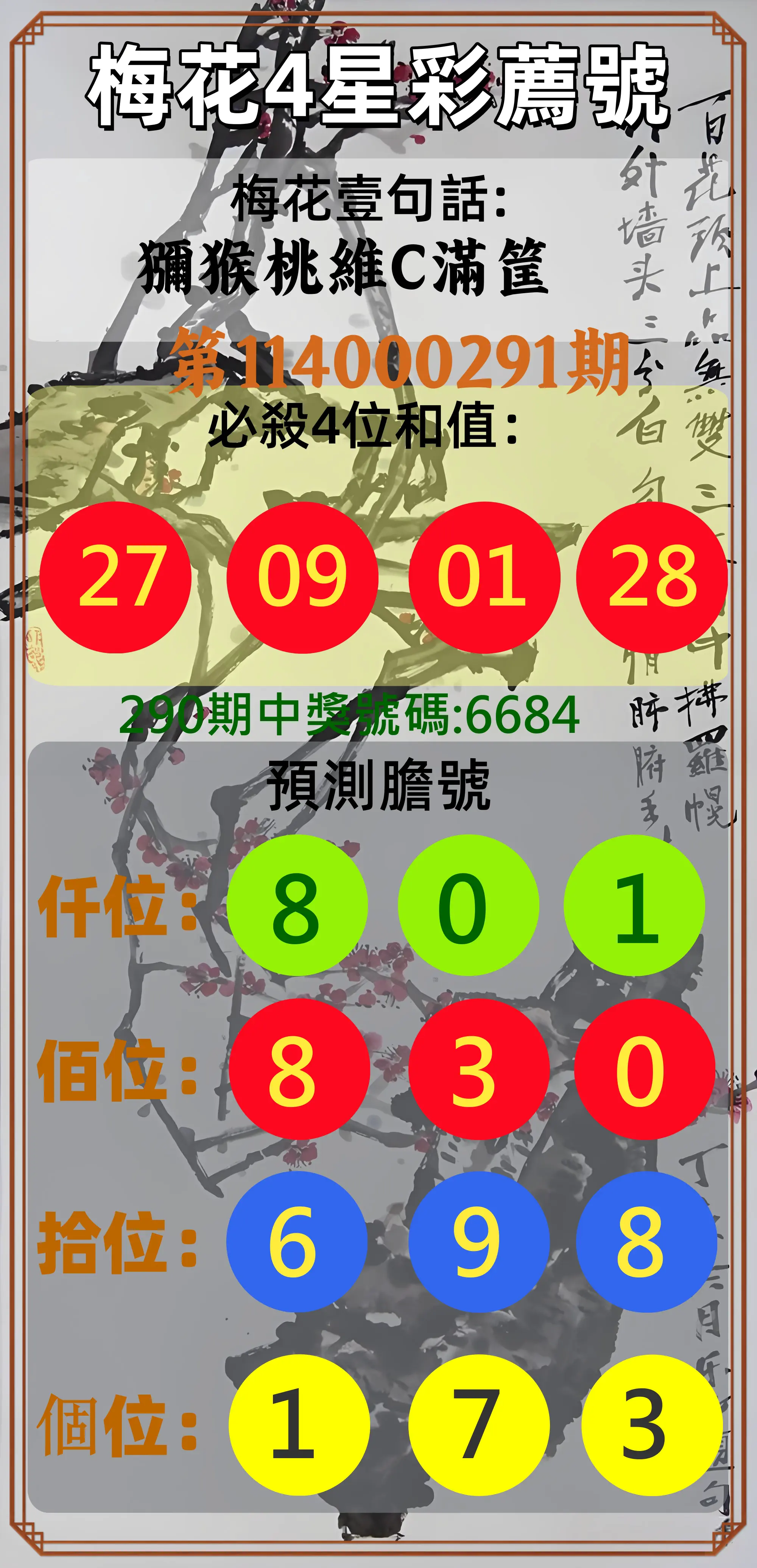 4星彩第114000291期(12/02)梅花4星彩薦號