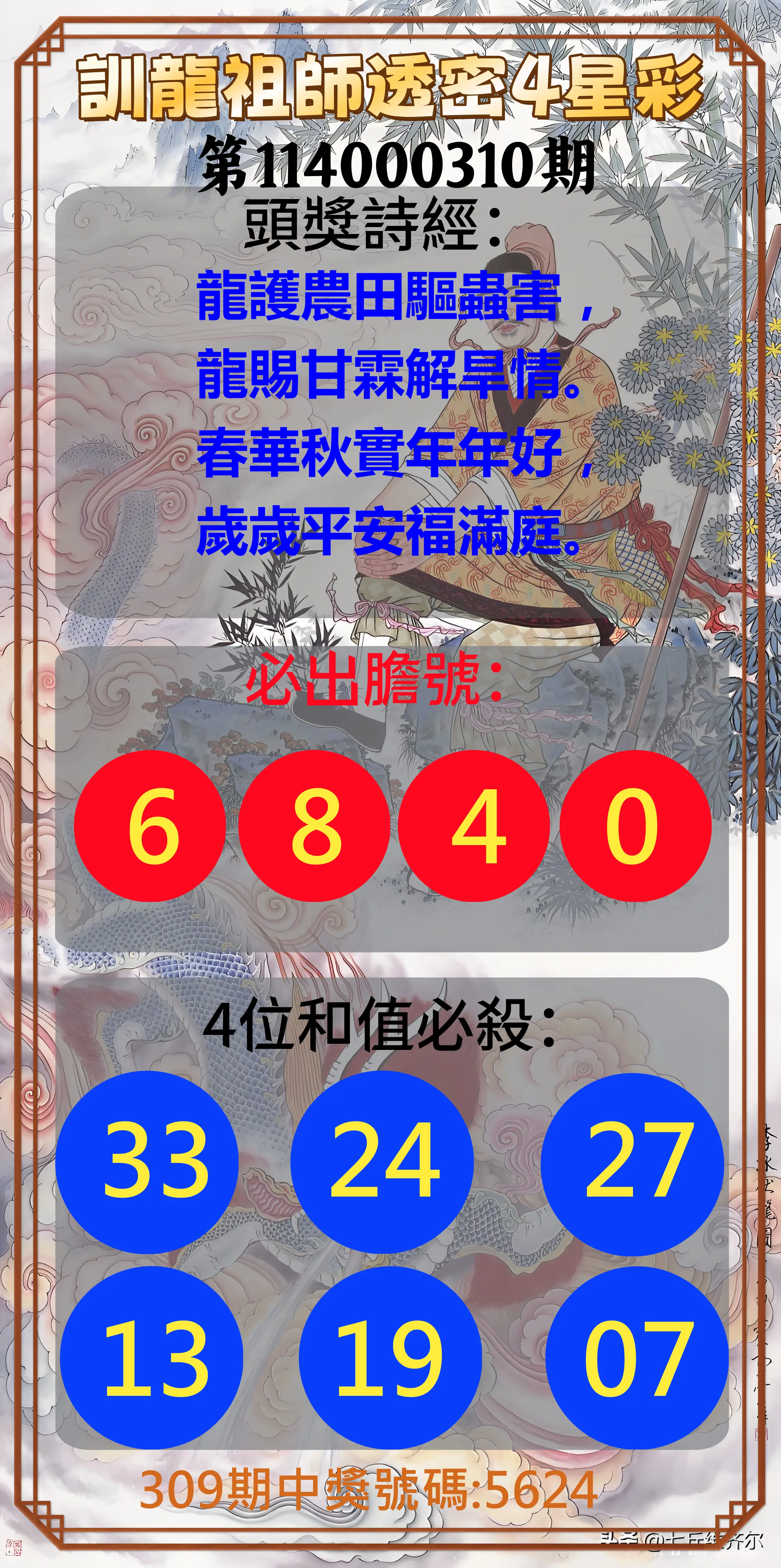 4星彩第114000310期(12/24)訓龍祖師透密4星彩
