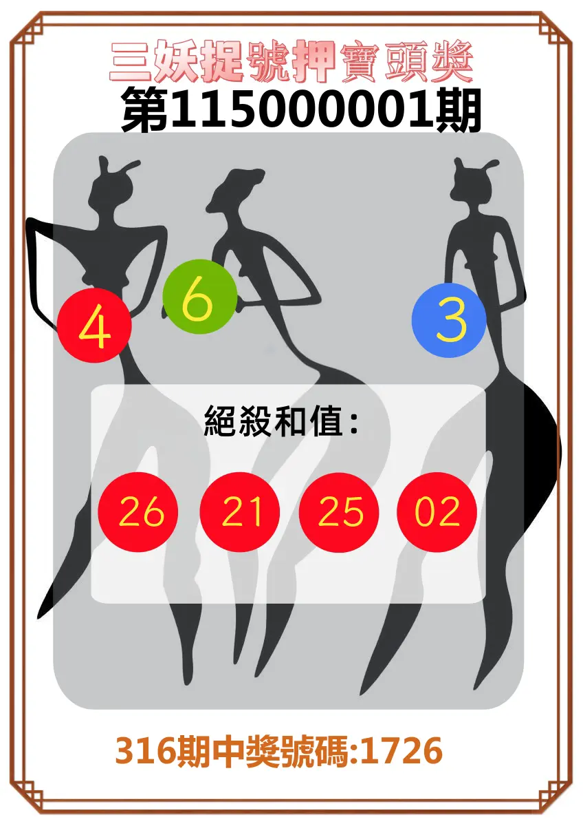 4星彩第115000001期(01/01)三妖捉號押寶頭獎