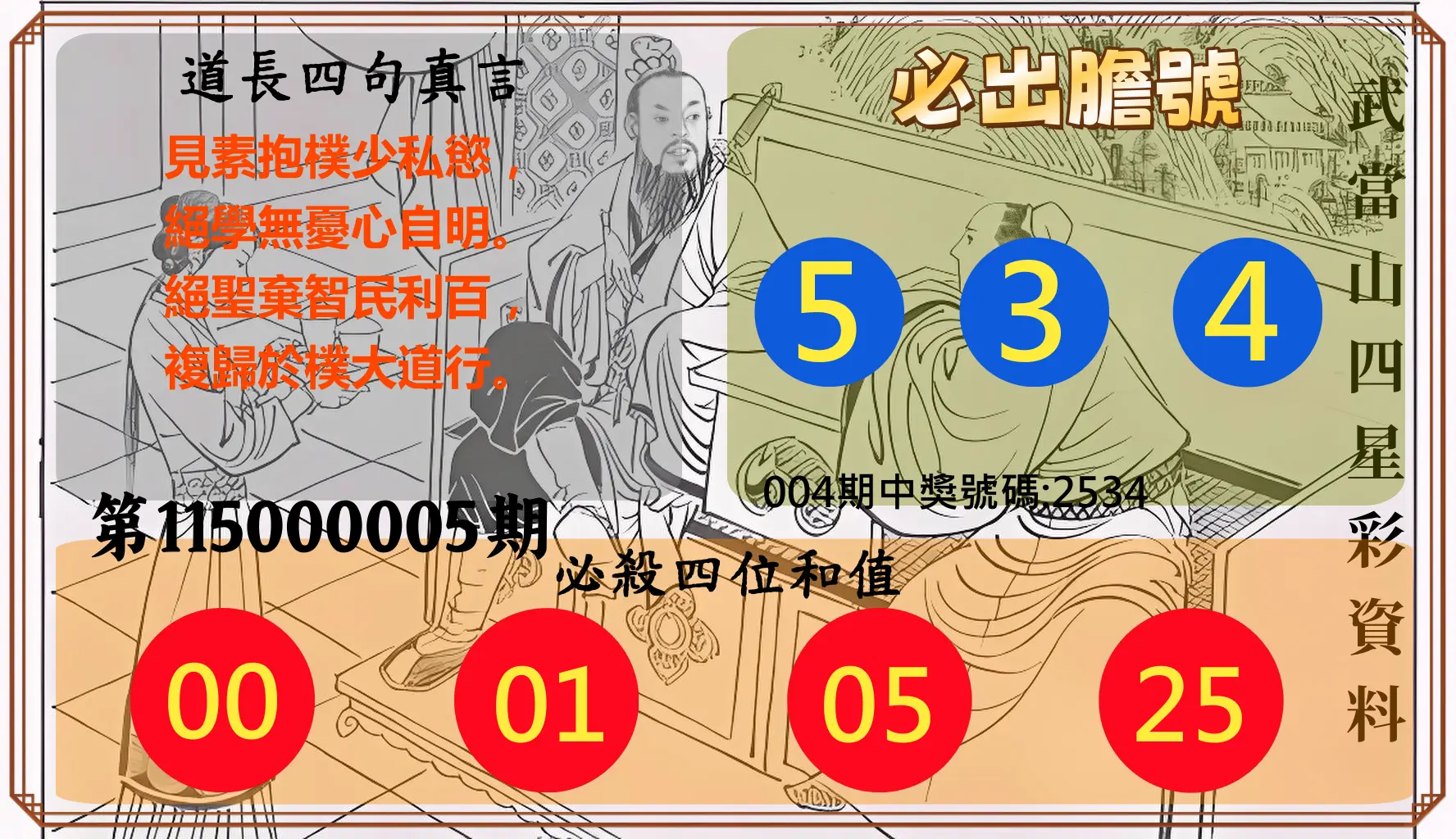 4星彩第115000005期(01/06)武當山四星彩資料