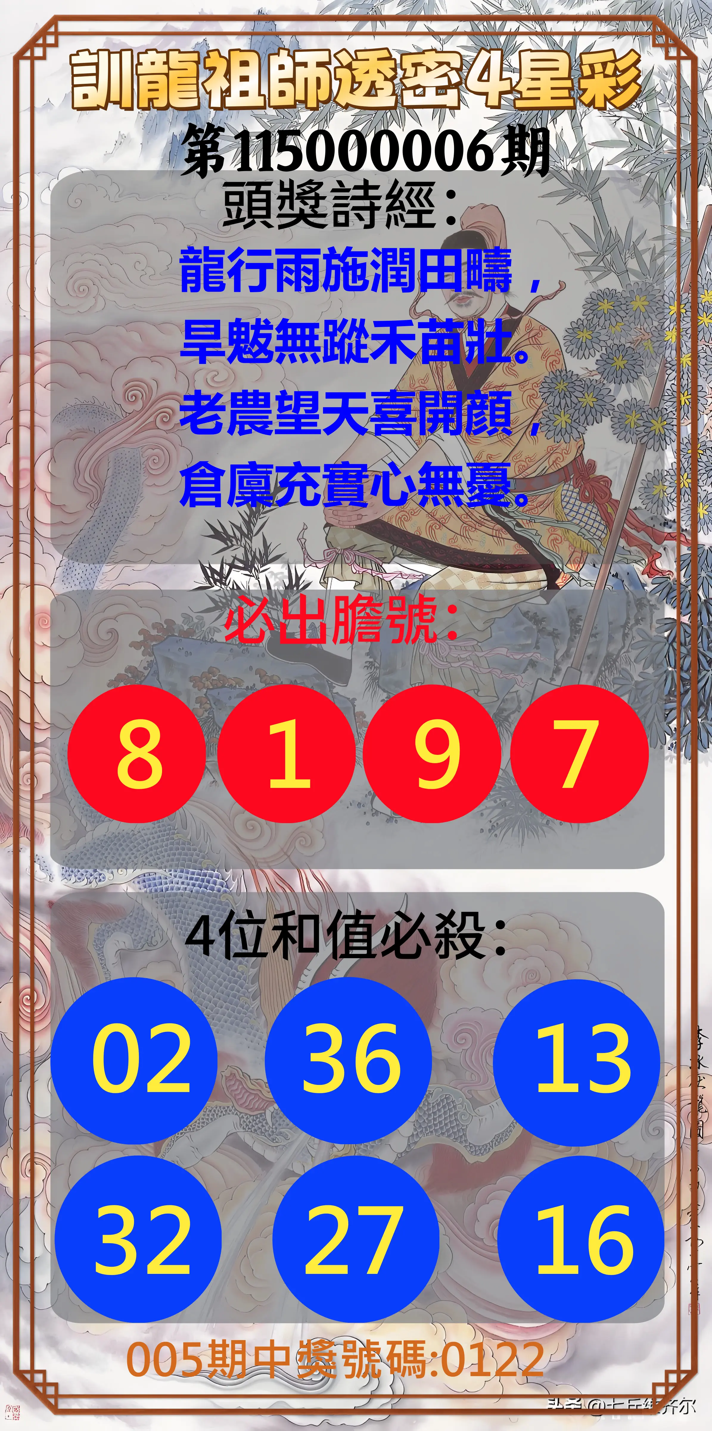 4星彩第115000006期(01/07)訓龍祖師透密4星彩