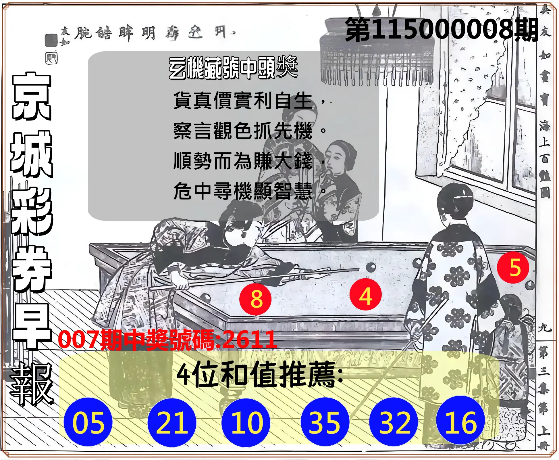 4星彩第115000008期(01/09)京城彩券早報