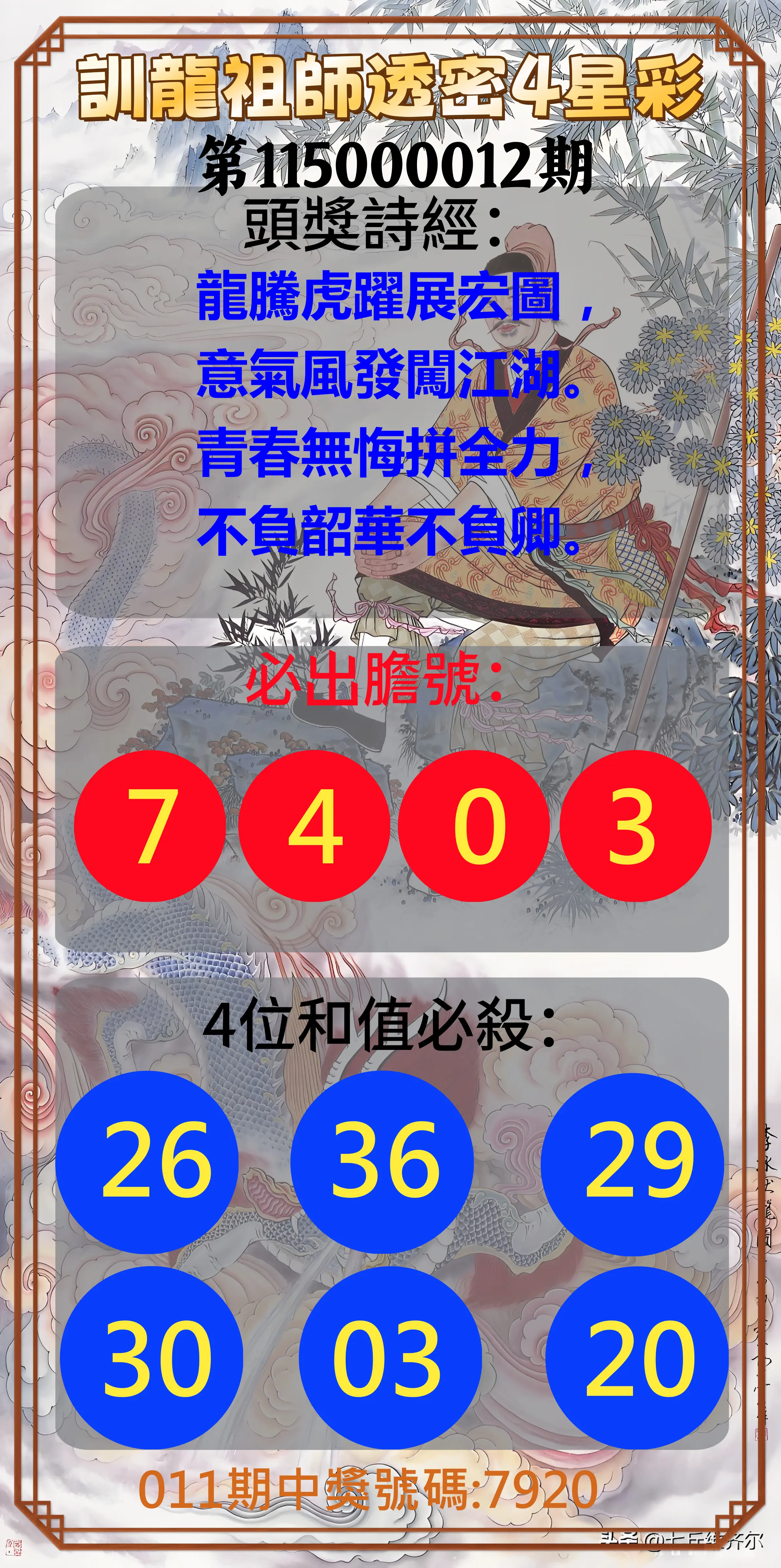 4星彩第115000012期(01/14)訓龍祖師透密4星彩