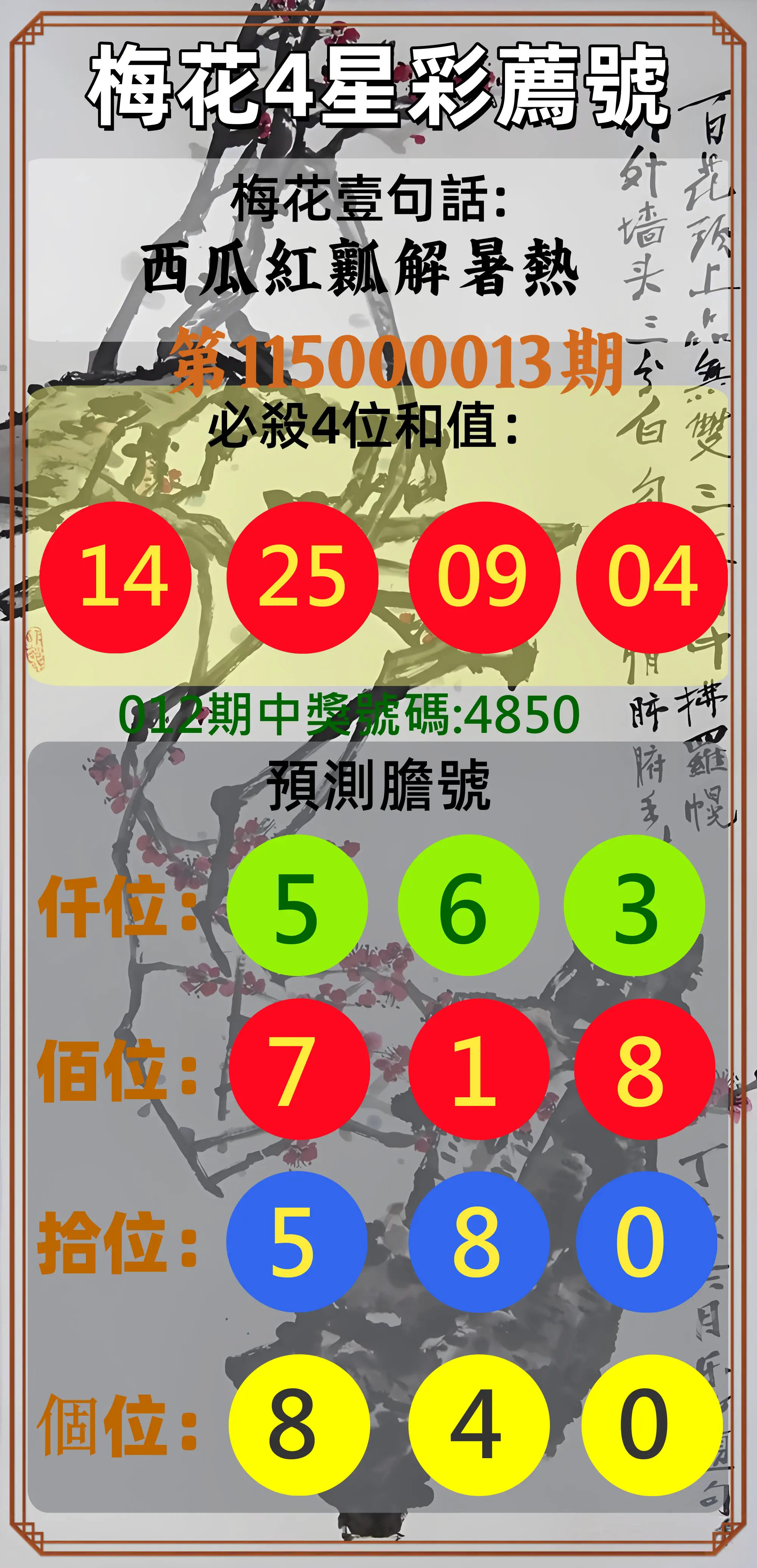 4星彩第115000013期(01/15)梅花4星彩薦號