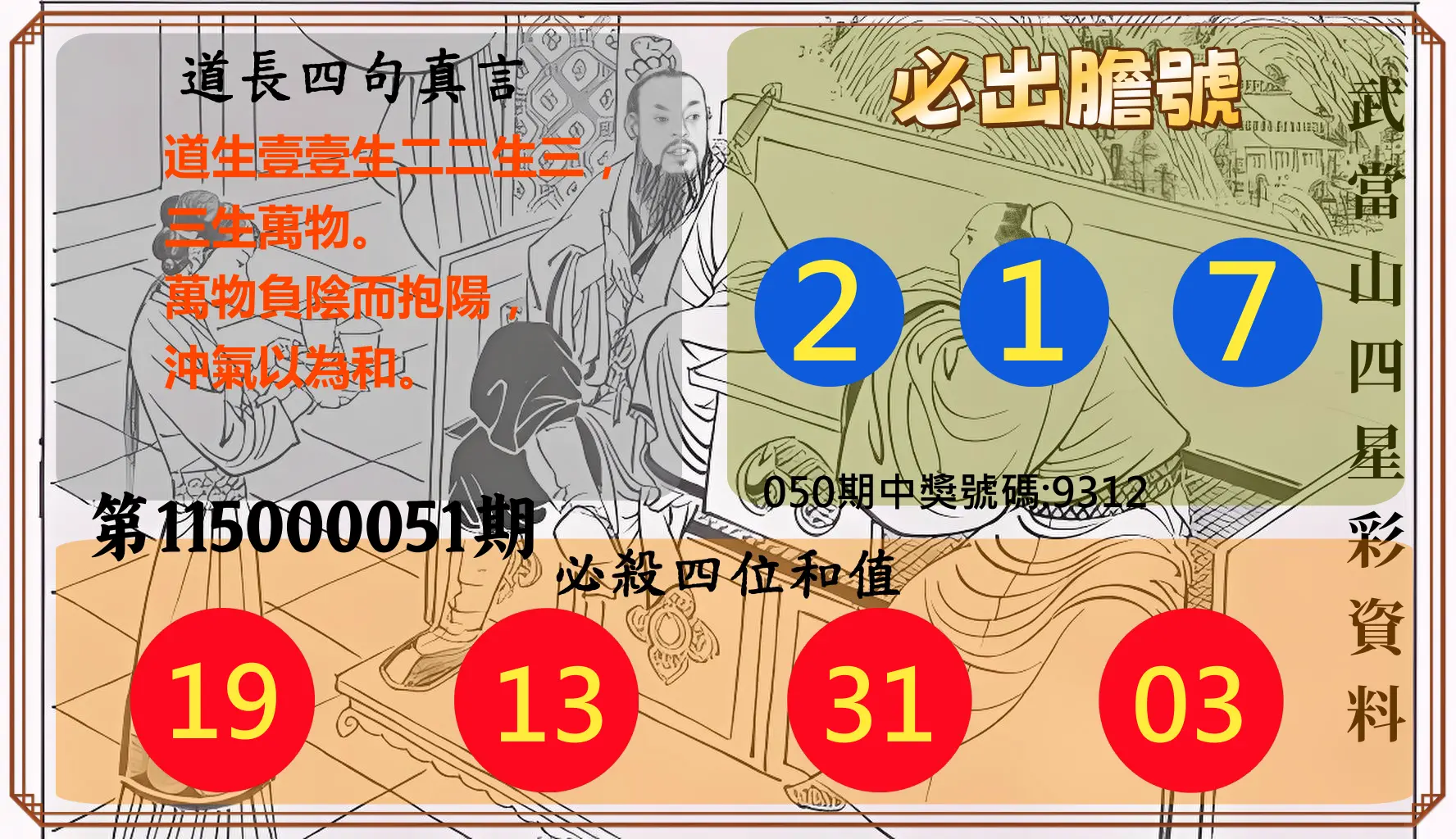 4星彩第115000051期(02/26)武當山四星彩資料