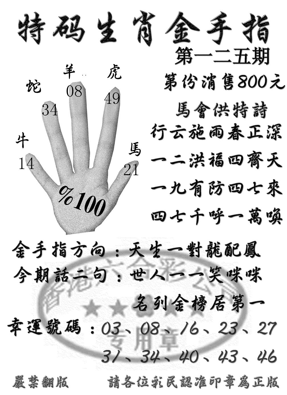 六合彩125期特码金手指(黑白)