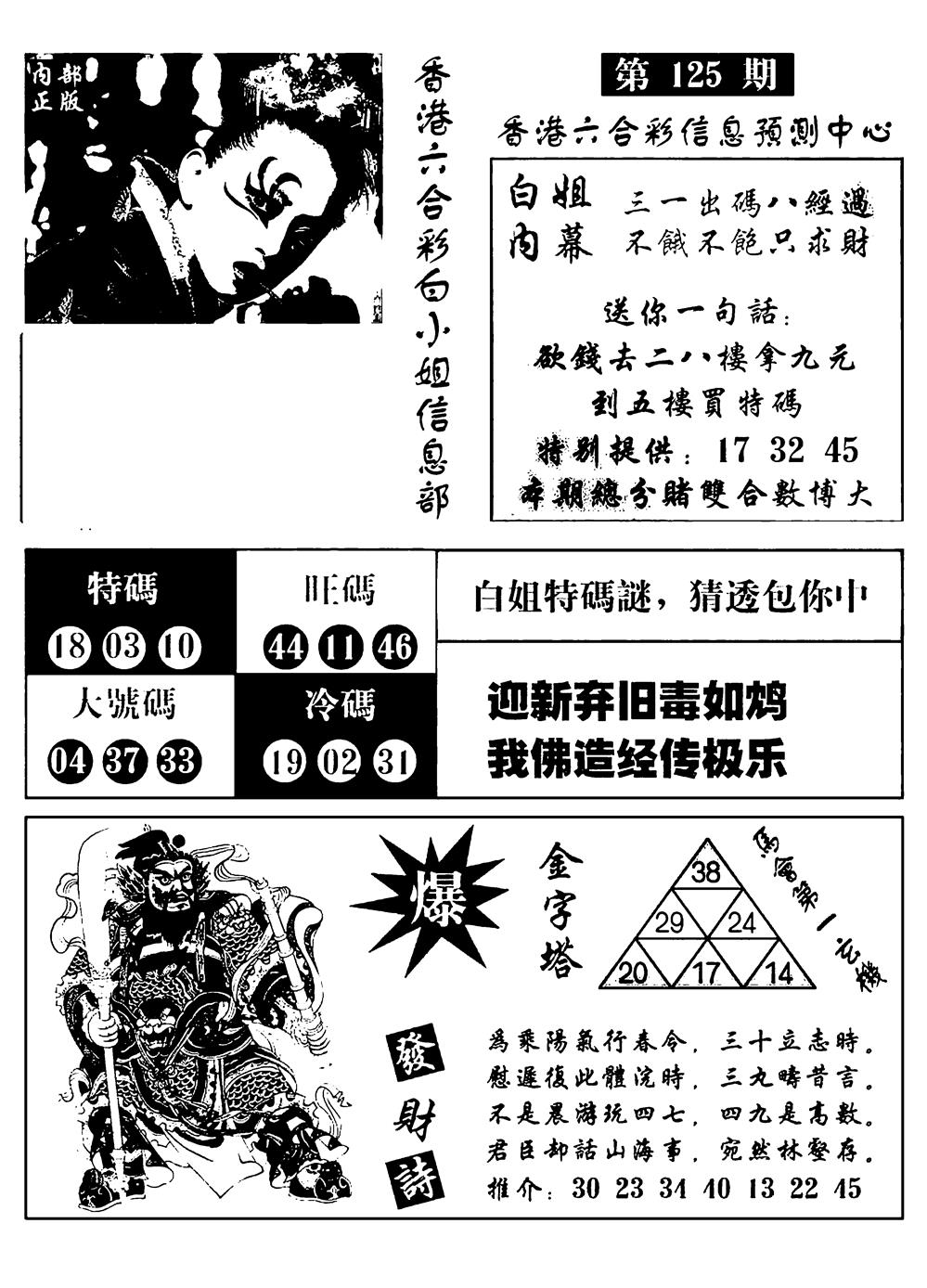 六合彩125期港彩内幕报(黑白)