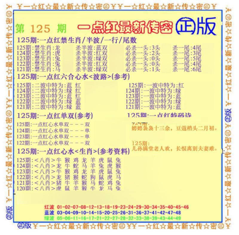 六合彩125期一点红最新传密(另)